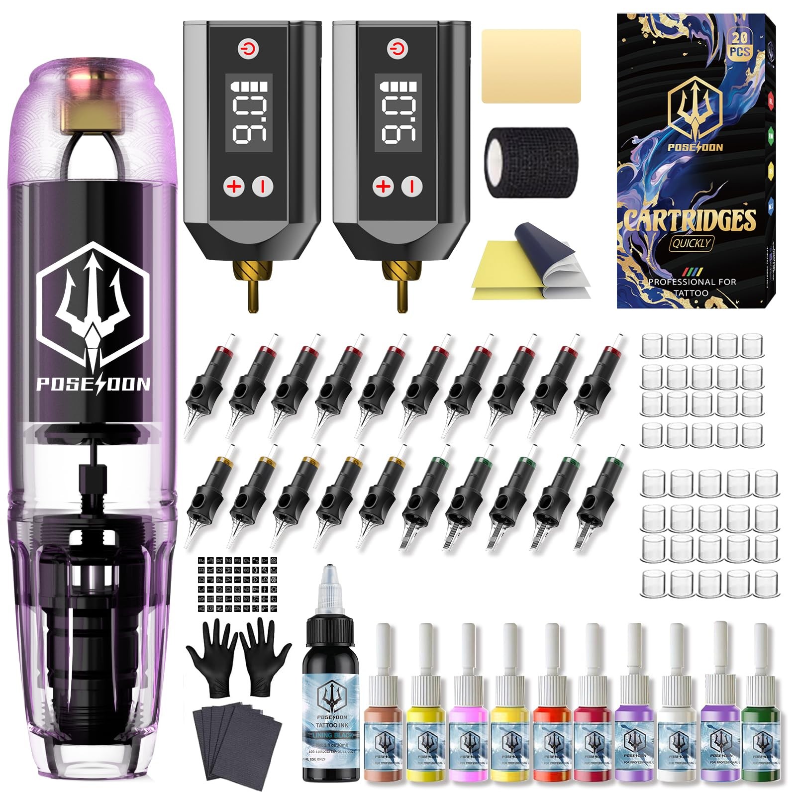 POSEIDON Tattoo Kit Gun Kit, Pen with 2PCS 1200mAh black