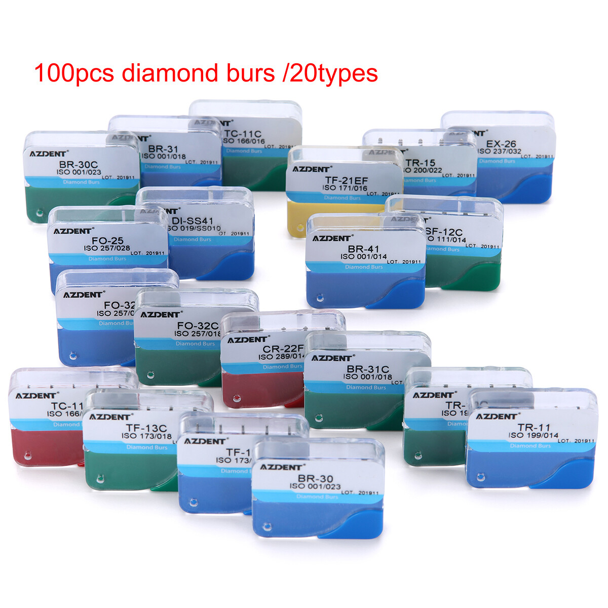 100pcs AZDENT Dental Diamond Burs for High Speed Handpiece Medium 20Models