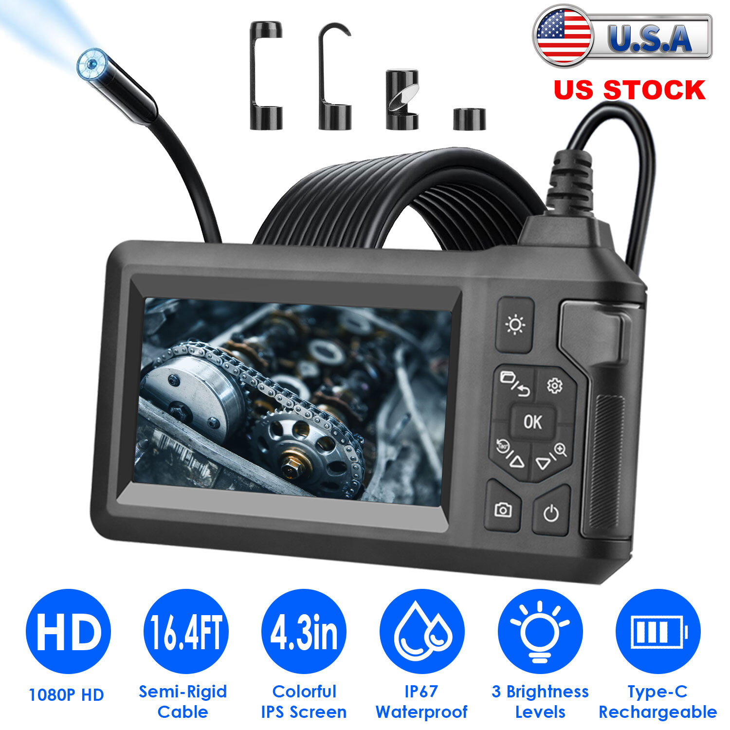 1080P HD Industrial Endoscope Camera with 8 LED Lights Waterproof Borescope