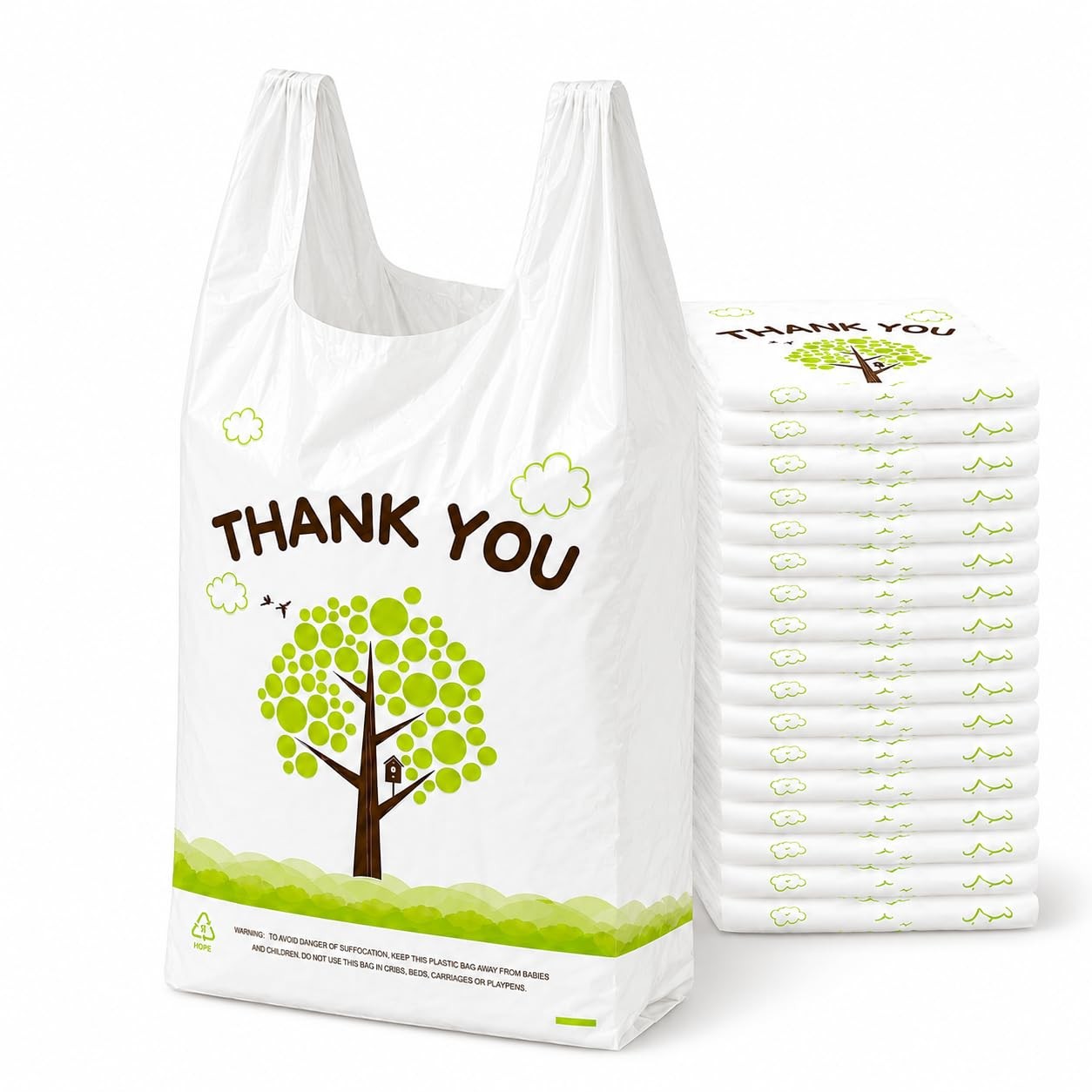500 Count Plastic T-Shirt Bags, 11″ X 6″ X 21″, White-Green Tree, Grocery & Take