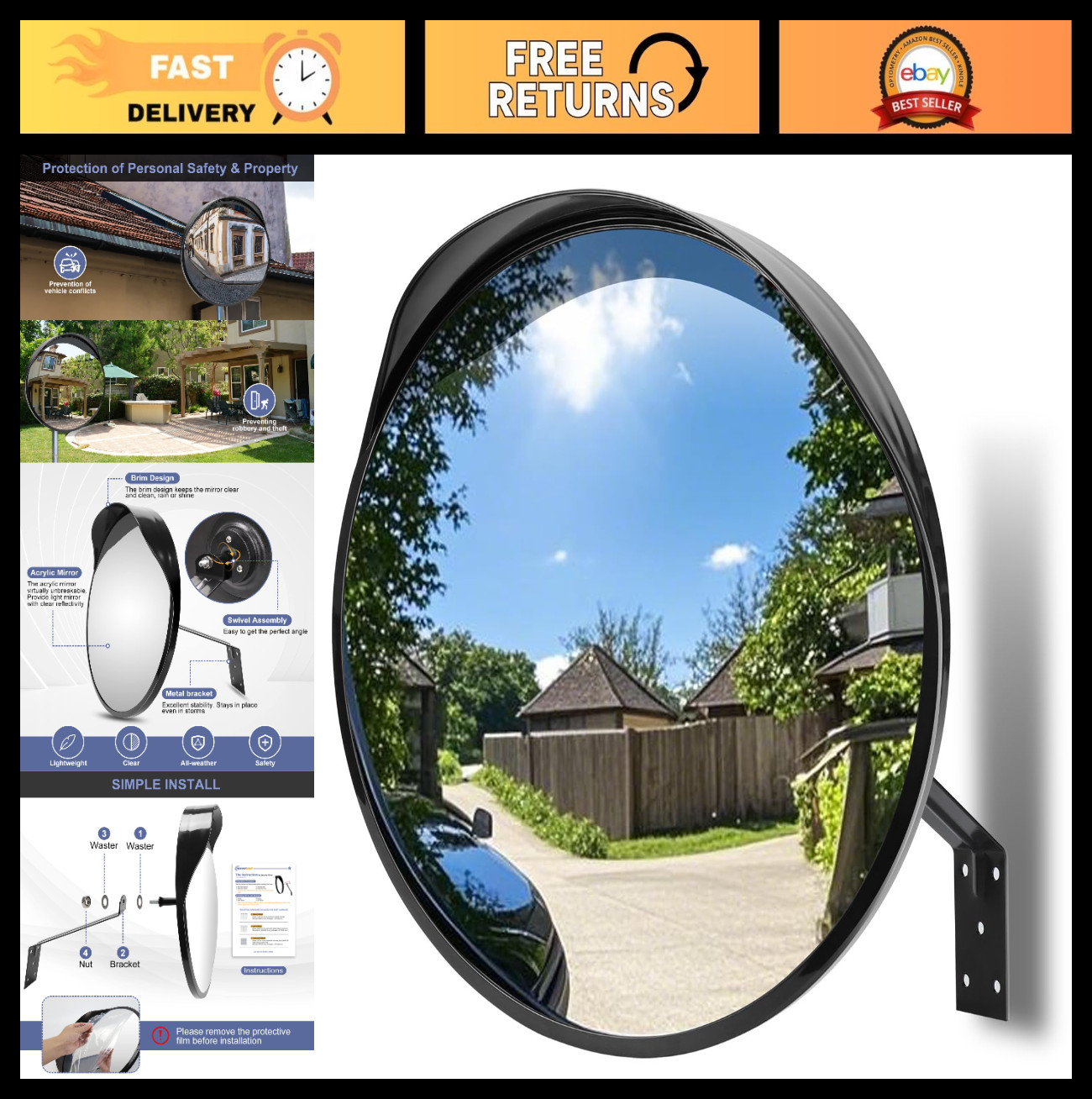 16″ Adjustable Convex Security Mirror – Shatterproof Acrylic for Traffic, Parkin