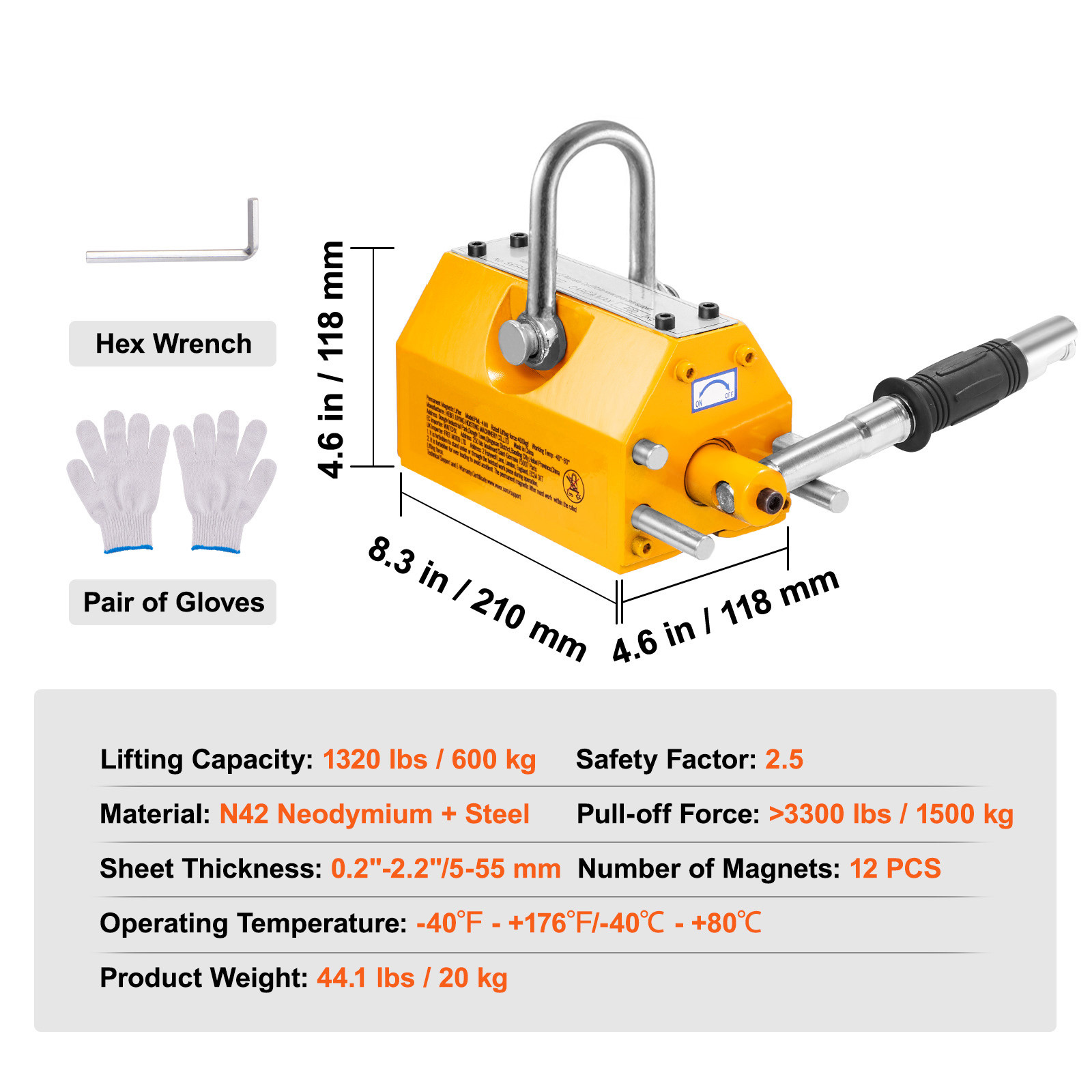 VEVOR Permanent Magnetic Lifter Lifting Magnet 1320 lbs/600 kg Neodymium Hoist
