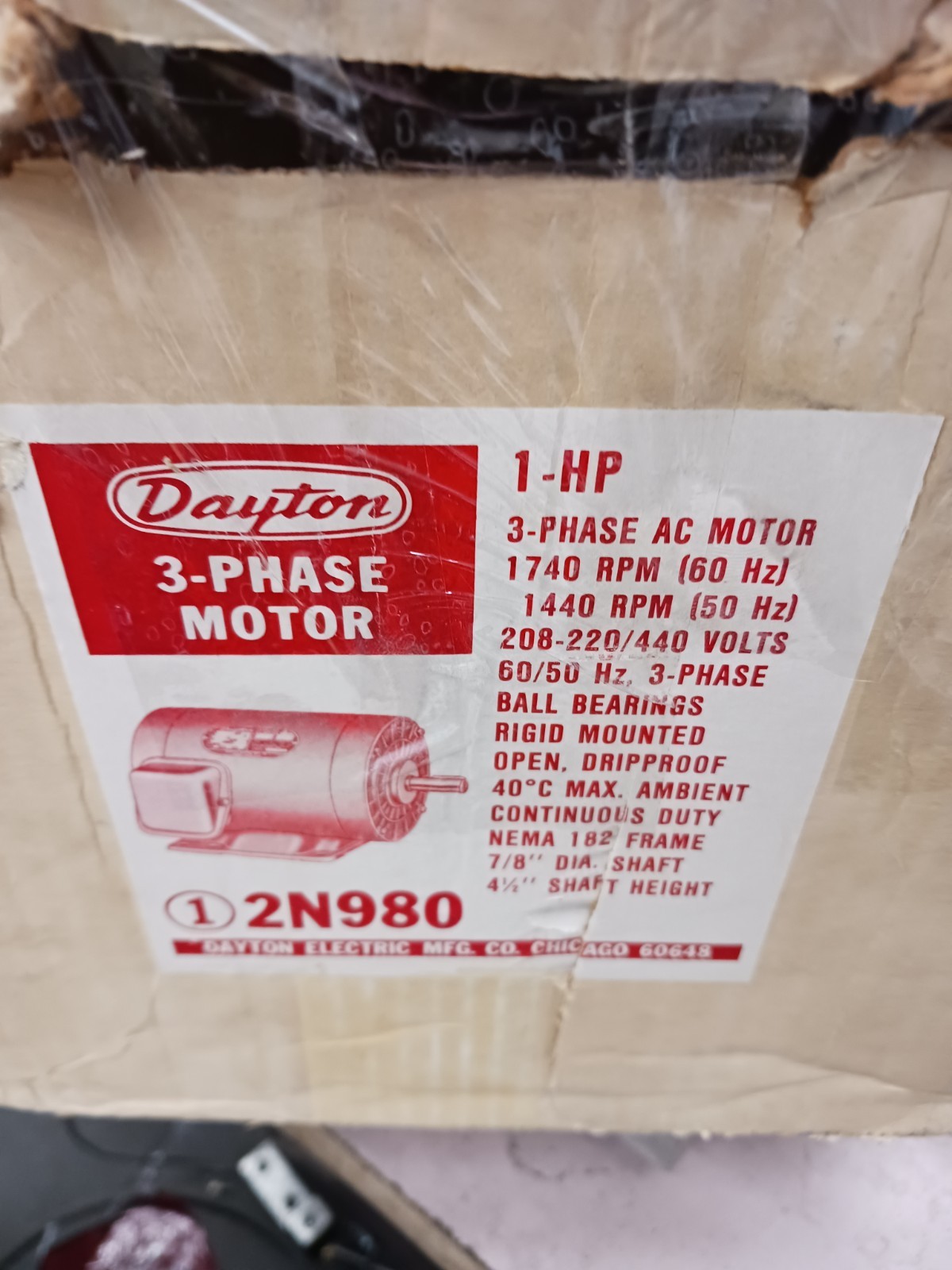 New Dayton 1 HP Ac Electric Motor 182 Frame 1740 Rpm 208-220/440 Vac ODP