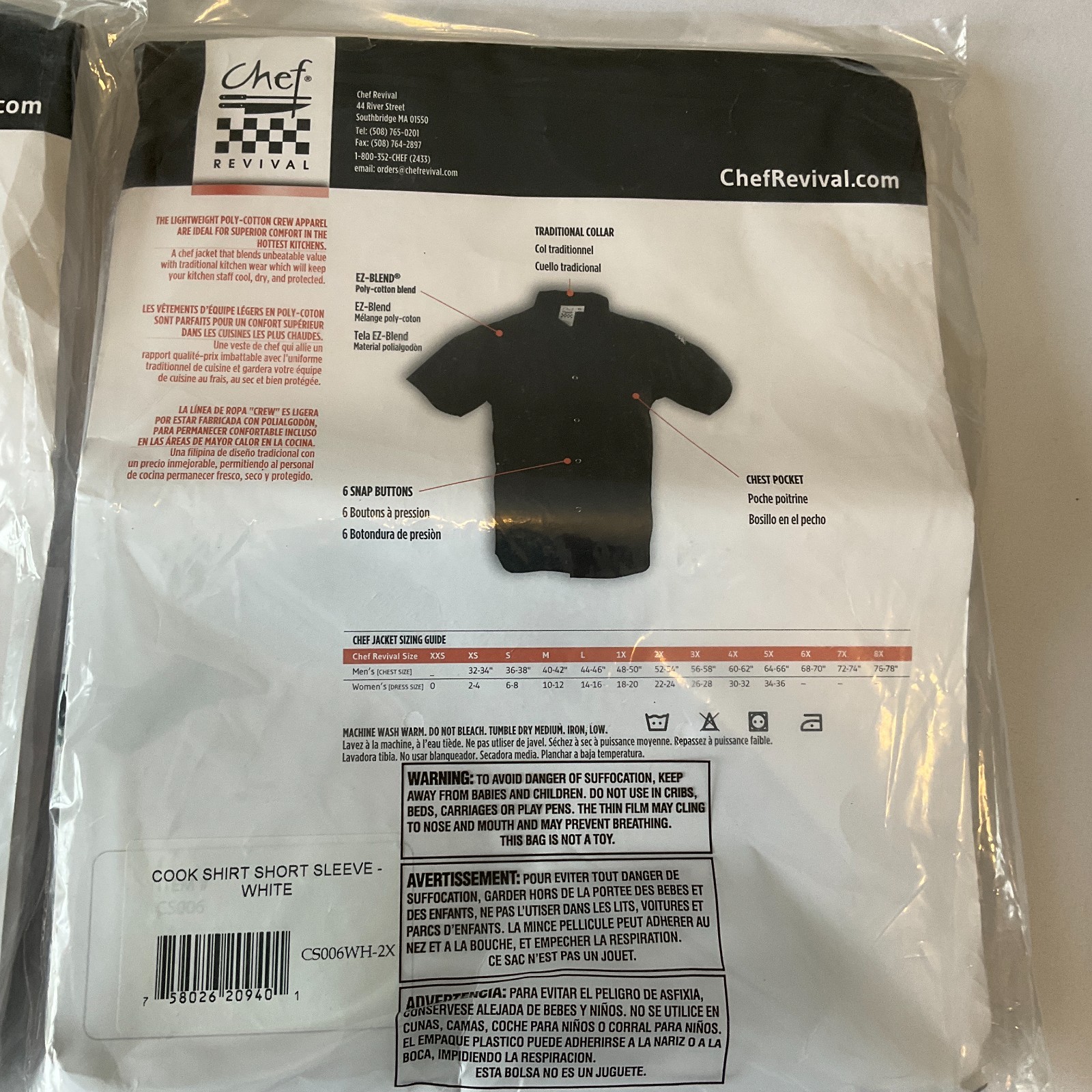 Chef Revival Basic Cook Shirts Unisex Adult Size 2XL White Short Sleeve Snap 2