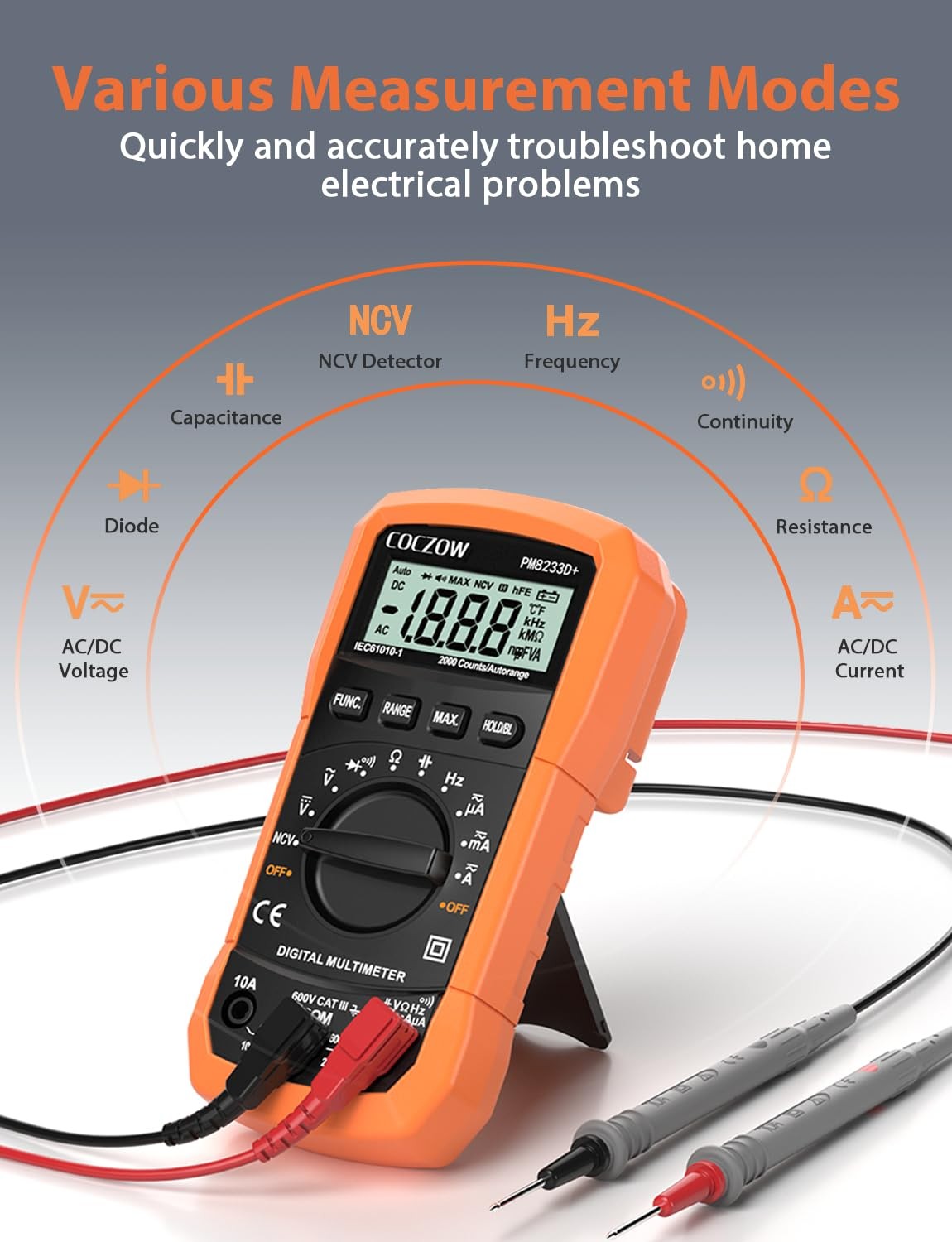 Autoranging Digital Multimeter Ac/dc Amp Ohm Voltage Test Meter With Resistance