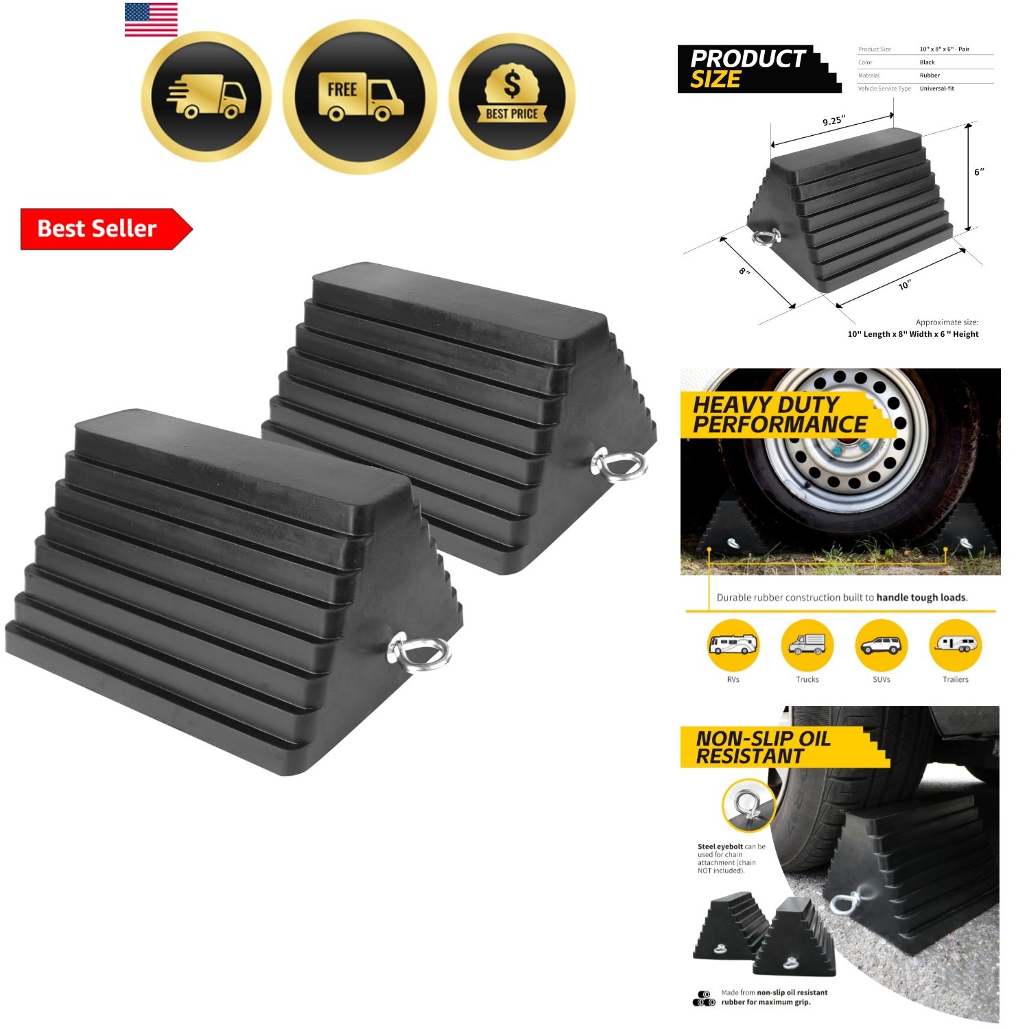 Rubber Wheel Chock 2 Pack, Large 10″ x 8″ x 6″ Heavy Duty Tire Stop with Non …