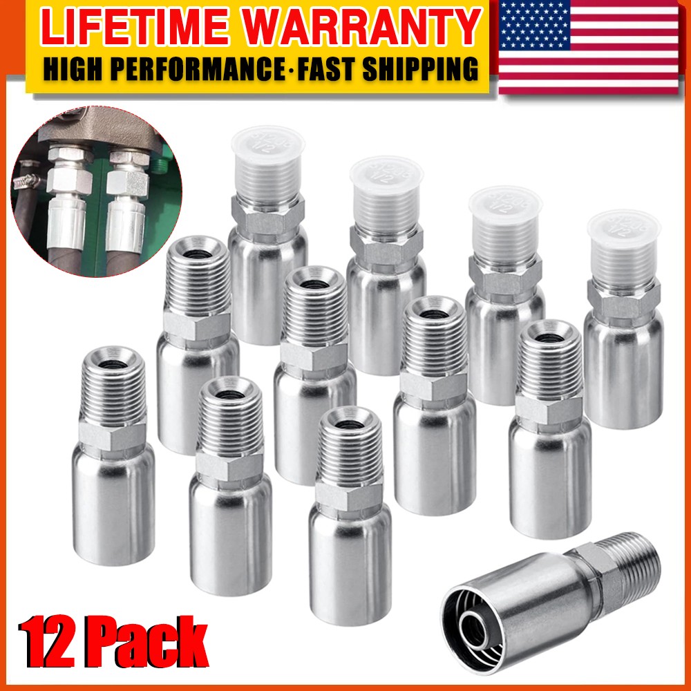 12Pack 1/2″ I.D. Hose x 1/2″ NPTF Male Hydraulic Hose End Crimp Fittings w/Cover