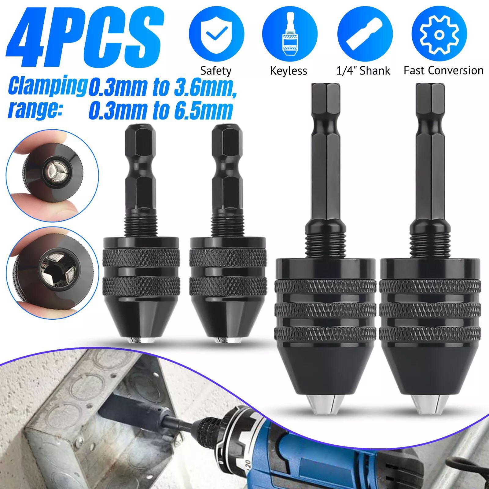 4Pcs 1/4″Hex Shank Keyless Drill Chuck Adapter Bit Quick Change Converter Driver