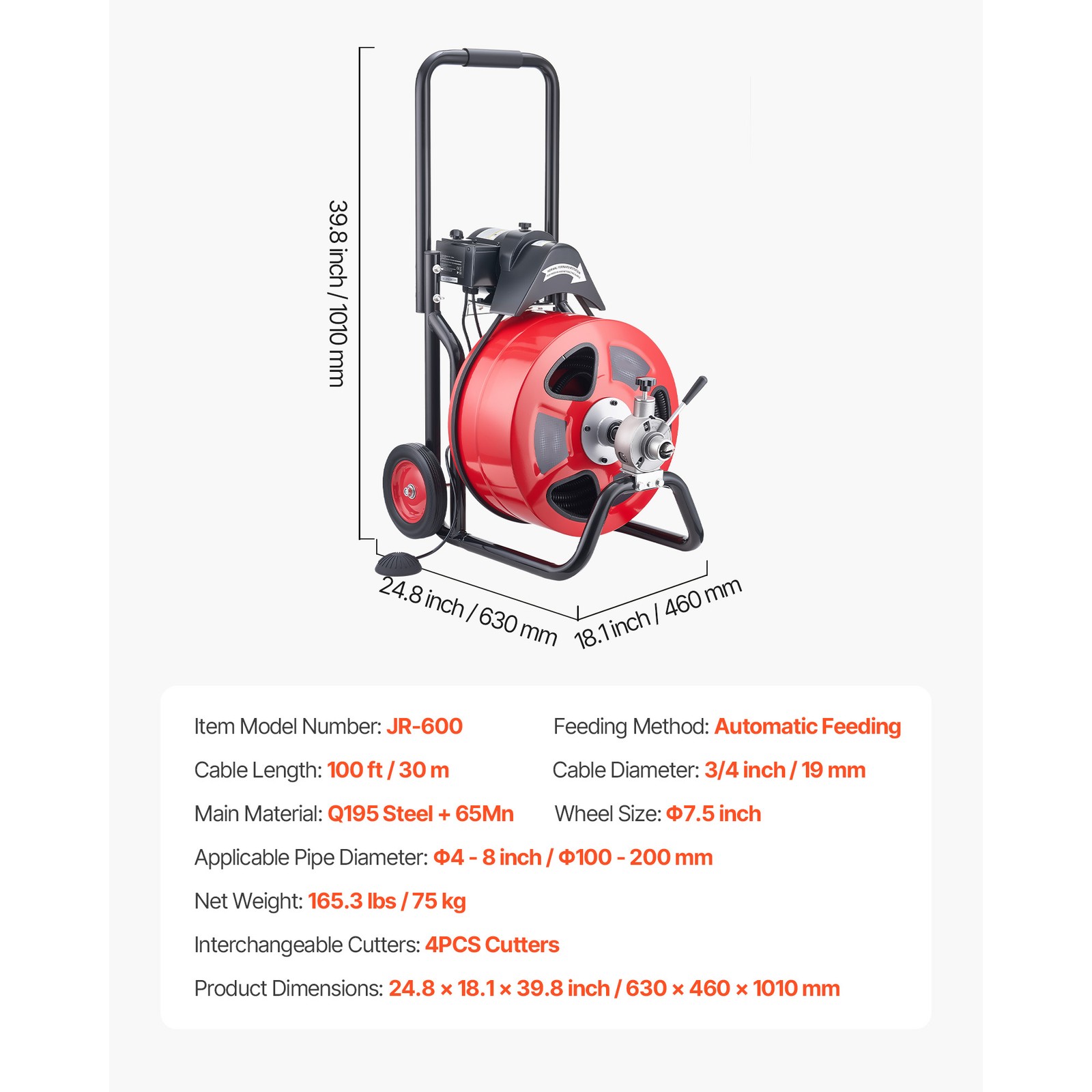 Uimoso Electric Drain Auger Machine with 100 FT x 3/4 In Cable and Auto Feed