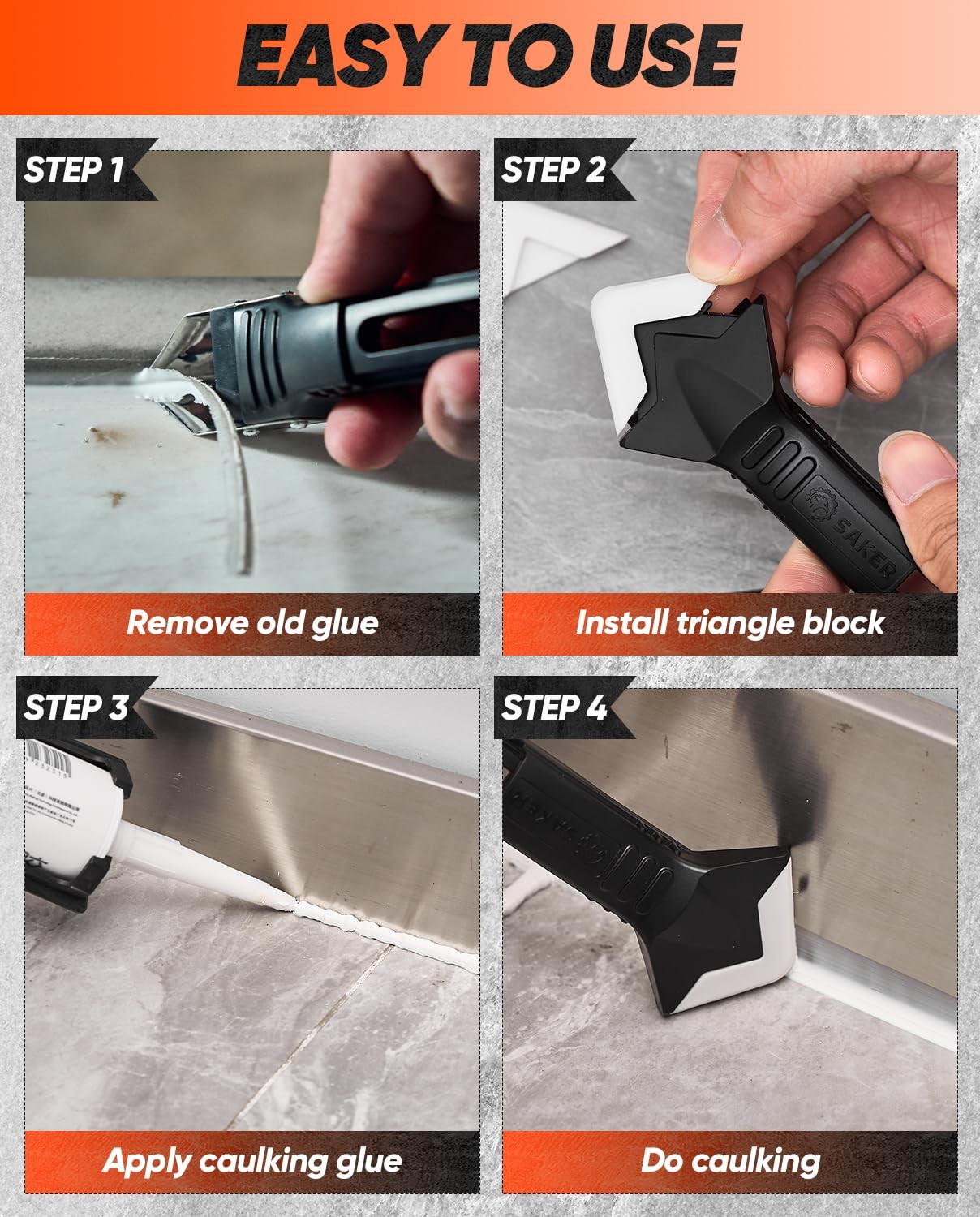 Saker Silicone Caulking Tool 3-in-1 Grout Removal and Sealant Black