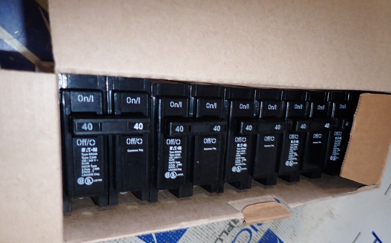 Case of 5 NEW – Eaton BR240 40 Amp 120/240 VAC 2 Pole Type BR Plug-In Breakers