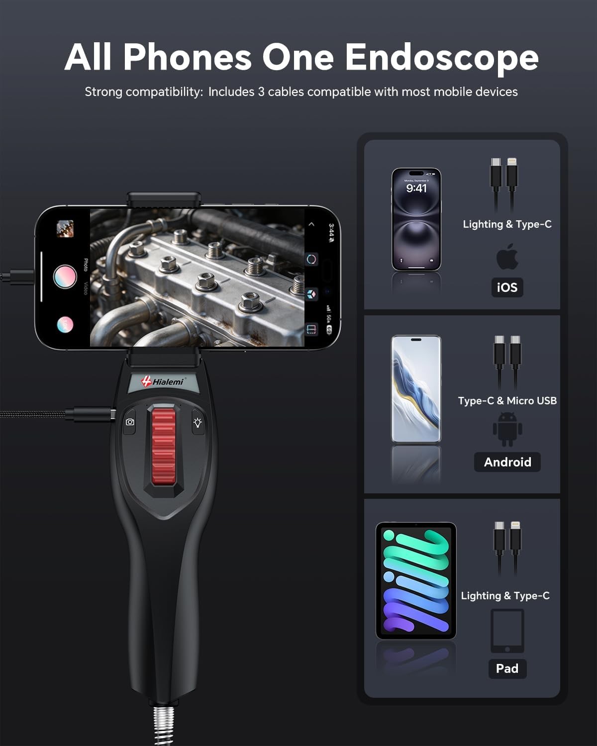 5.2FT 220° Articulating Borescope, 6.2mm/1080P Inspection Camera with Light