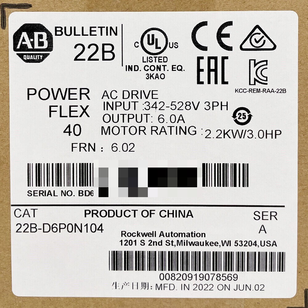 Allen-Bradley 22B-D6P0N104 Powerflex 40 2.2KW 3HP AC Drive 22BD6P0N104