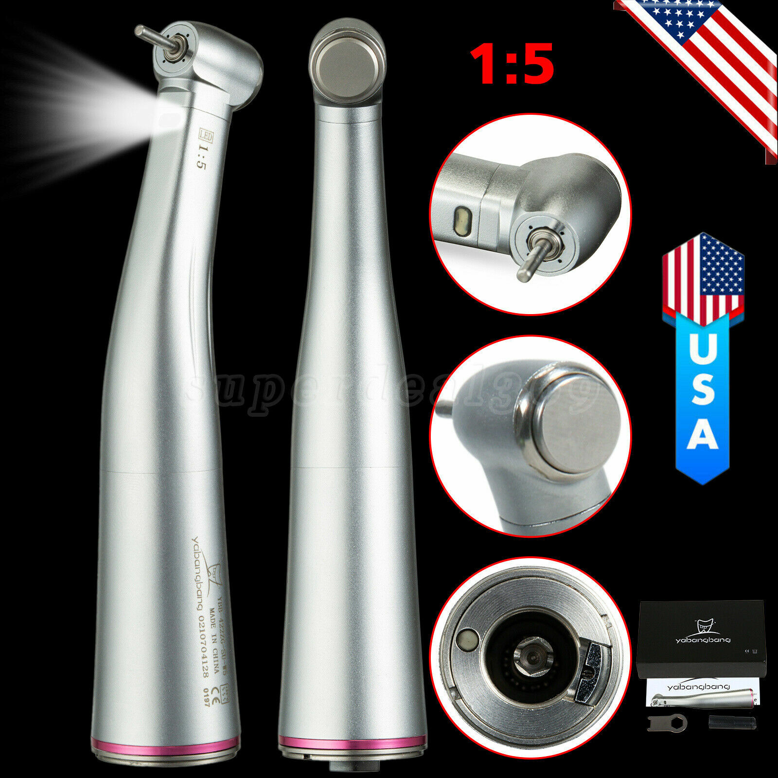Dental 1:5 Increasing Fiber Optic LED Contra Angle Handpiece E-type Fit NSK YBB