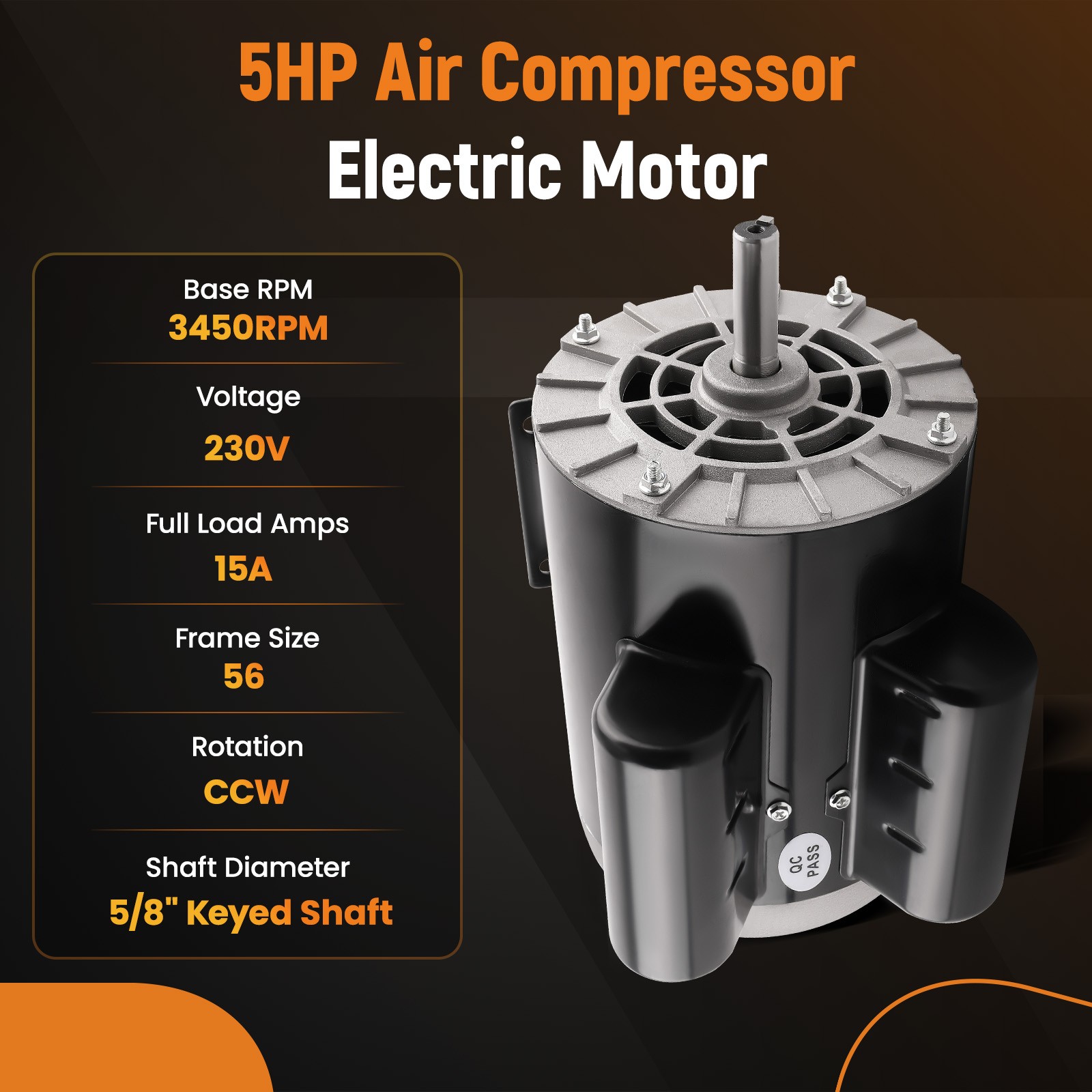 5HP SPL Air Compressor Electric Motor 3450 RPM 56 Frame 5/8″ Keyed Shaft ODP