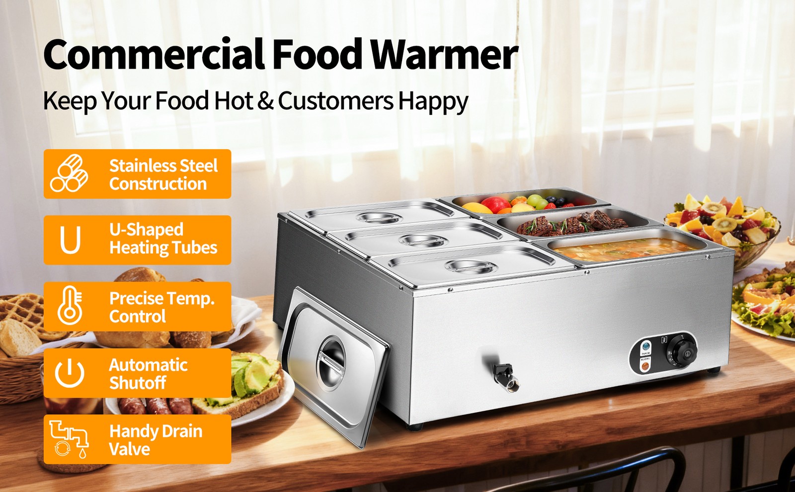 6-Pan 48Qt Commercial Food Warmer 1500W Steam Table Buffet Bain Marie Warmer