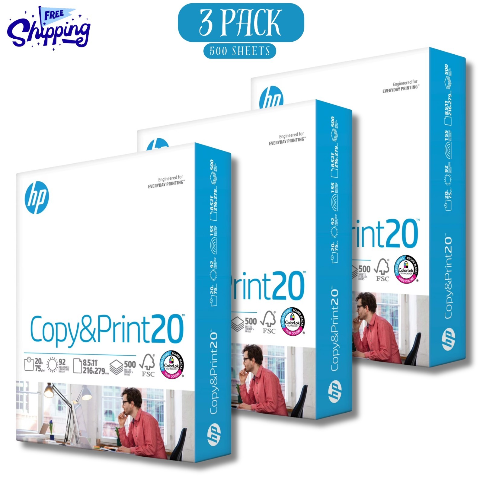 HP Printer Paper 8.5 x 11 Paper Copy &Print 20 lb 1 Ream Case -500 Sheets (3 Pk)