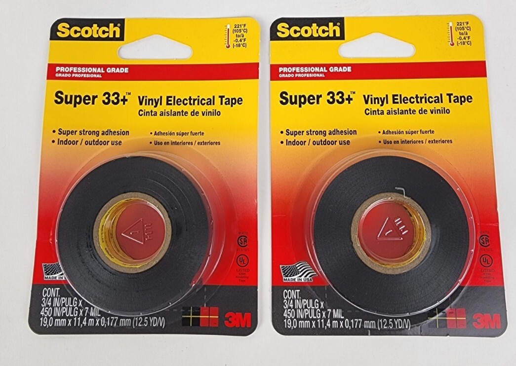 2 Scotch Super 33 Plus Vinyl Plastic Electrical Tape Black 3M 3/4″ x 37.5′ 7mil