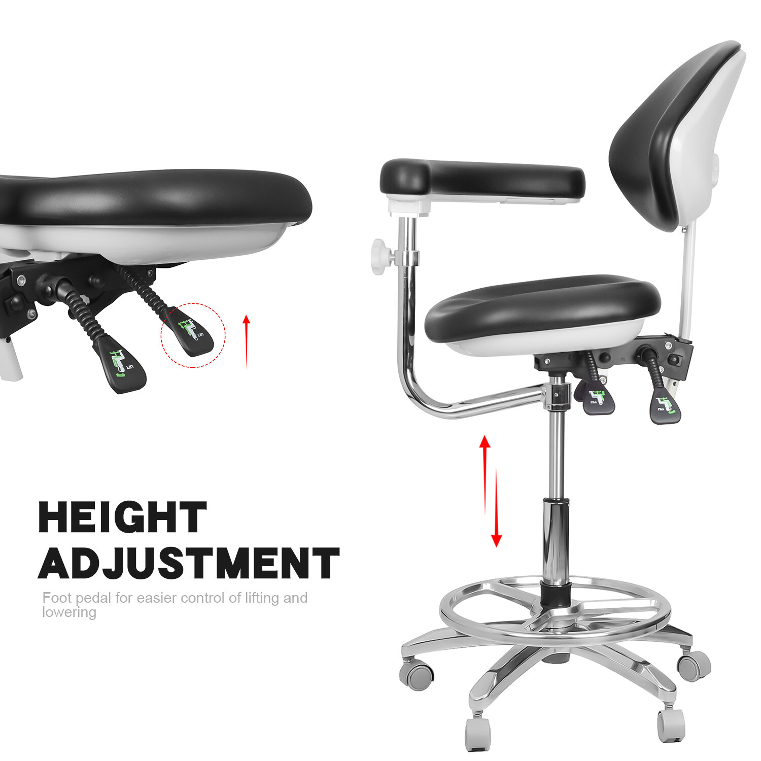 Adjustable Dental Chair Doctor Assistant Chair 360° Armrest Footrest PU Black US