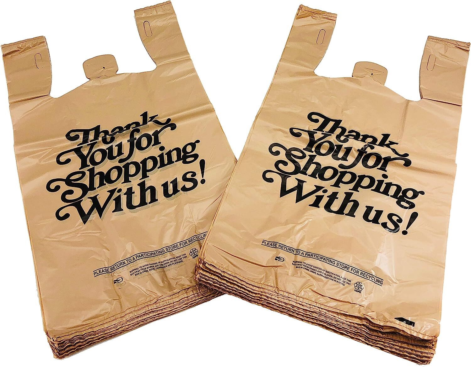Choice 1/6 Standard Size Beige “Thank You” Script Heavy-Duty Plastic T-Shirt Bag