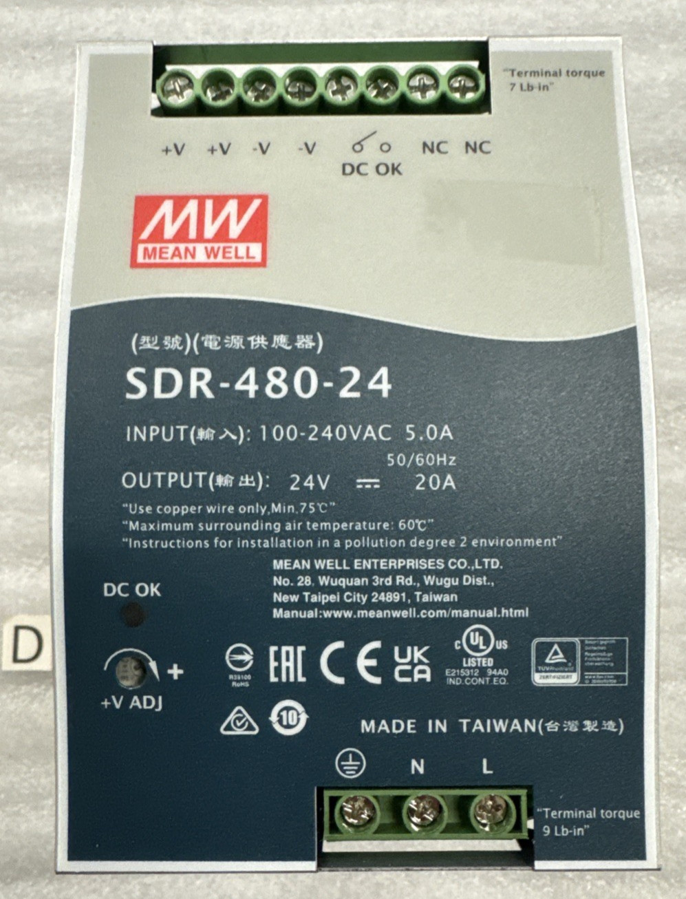 Mean Well SDR-480-24 DIN-Rail Power Supply 24V, 100-240 VAC, 20.0A