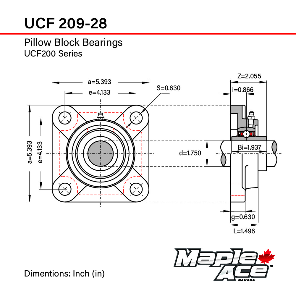 UCF209-28 Flange Bearing 1-3/4″ Bore, 4-Bolt Self-Aligning, Solid Base (Qty 4)