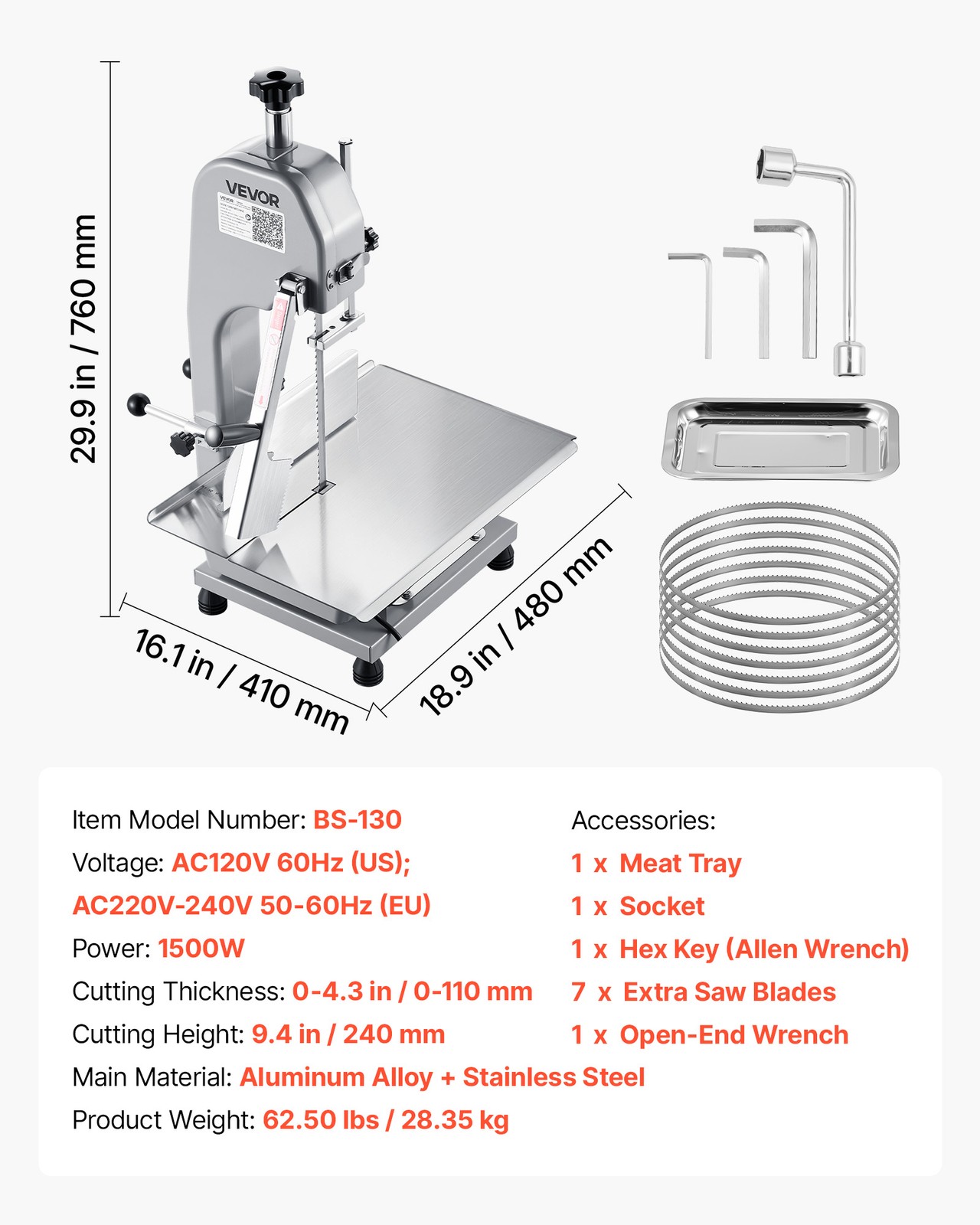 VEVOR Commercial Electric Meat Bandsaw 1100/1500W Bone Saw Frozen Bones & Meat