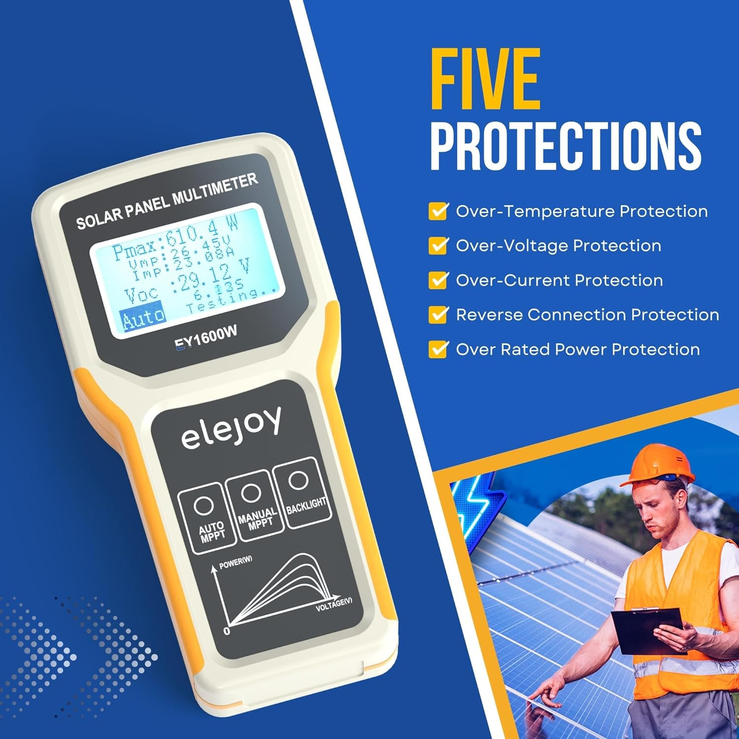 EY1600W Solar Panel Tester & Power Meter with Backlit LCD Display