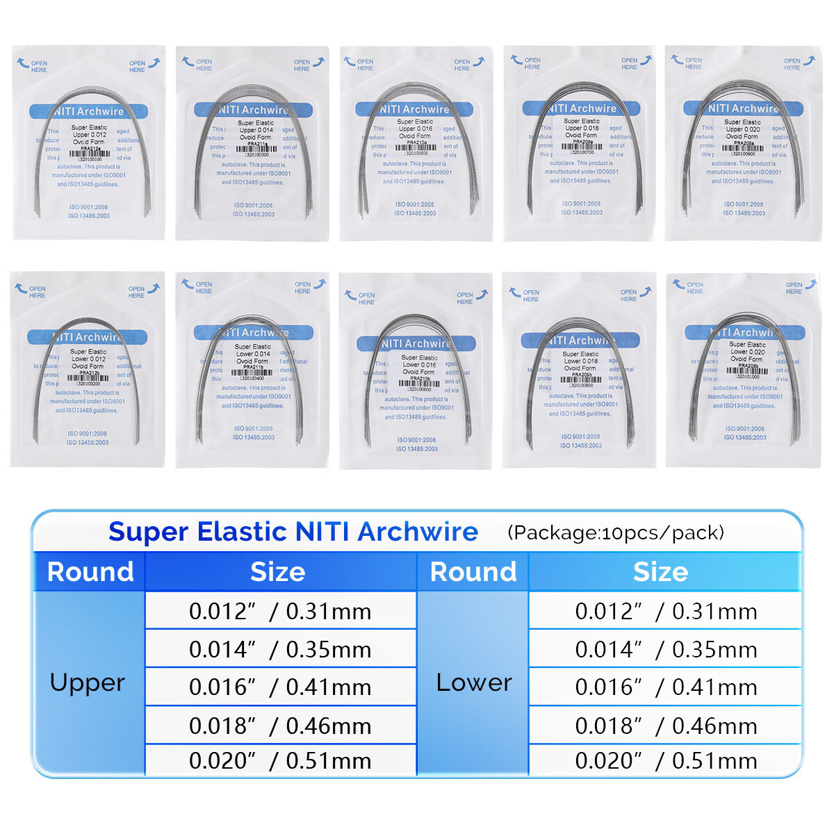 10pcs AZDENT Dental Orthodontic Super Elastic Niti Arch Wires Round Ovoid Form