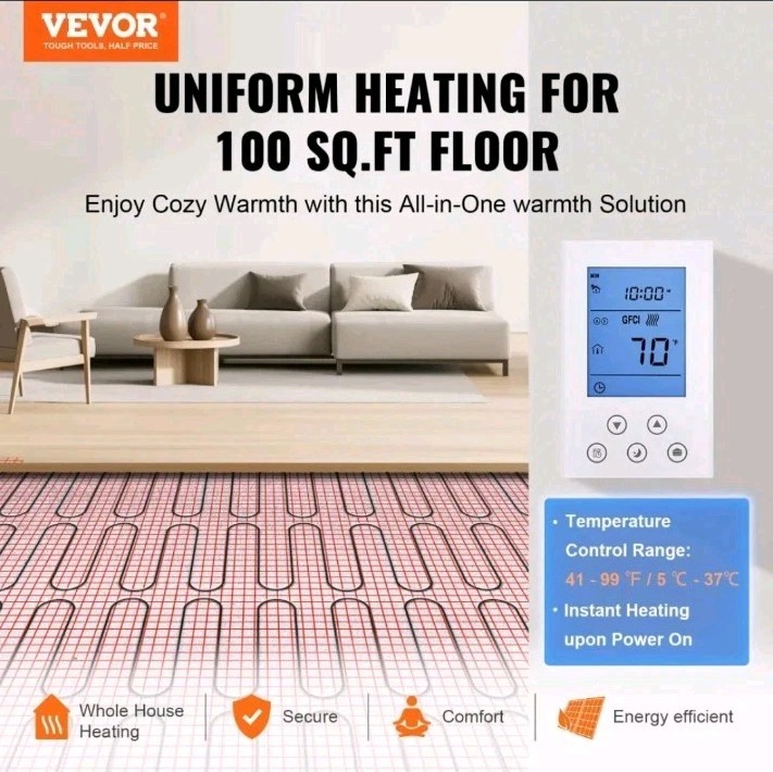 VEVOR Floor Heating Mat 100 Sq. ft Electric Radiant In-Floor Heated Warm **Read*