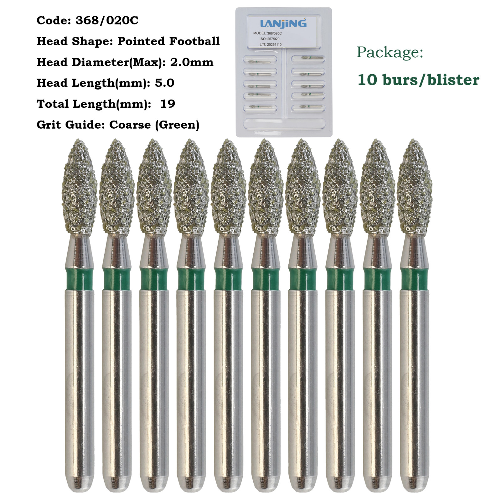 Dental Diamond Burs Football FG 368/023C 379-023F Egg Shape Coarse High Speed
