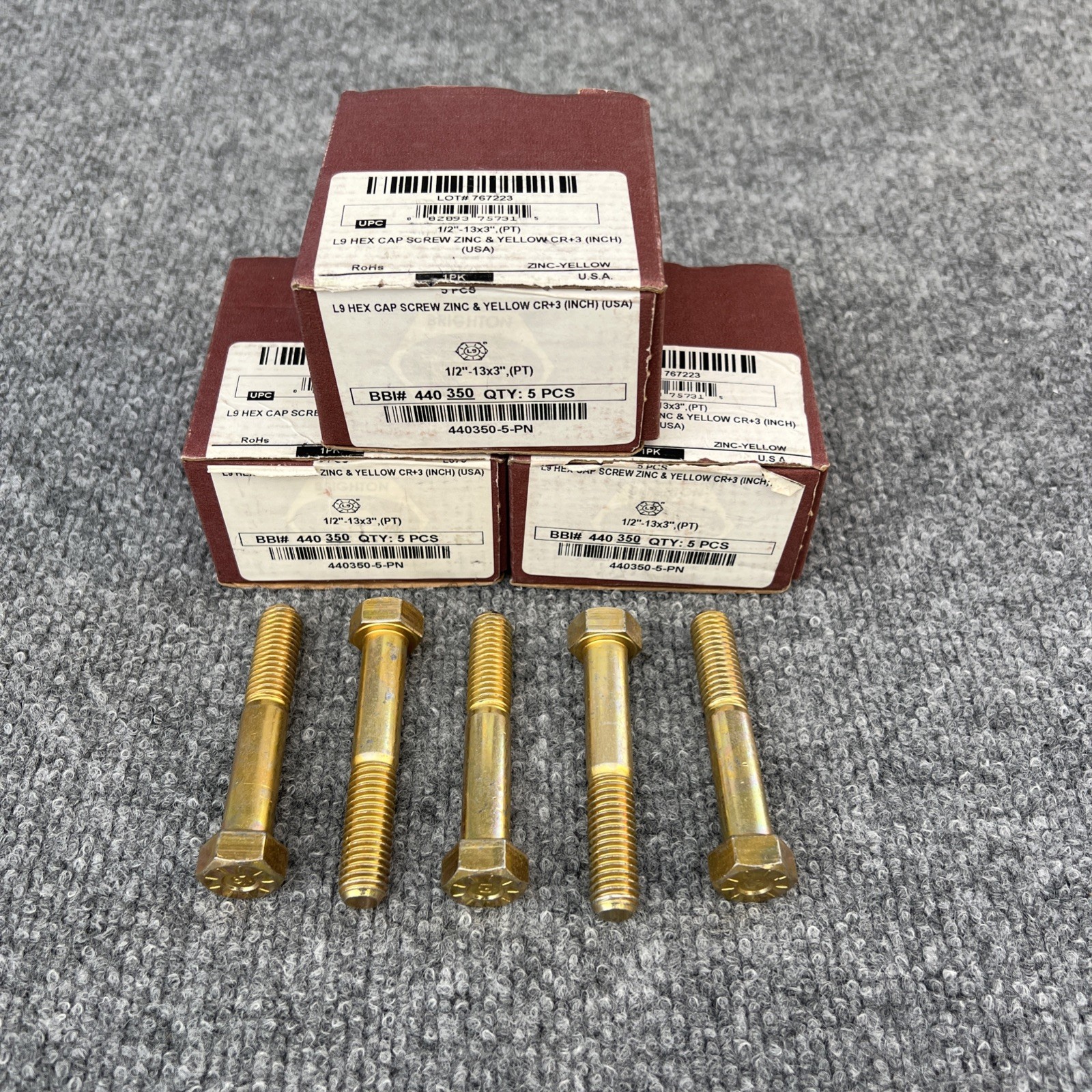 1/2″-13×3-1/2″ Hex Cap Screws Grade L-9 Bolts USA Zinc Yellow LOT OF 5