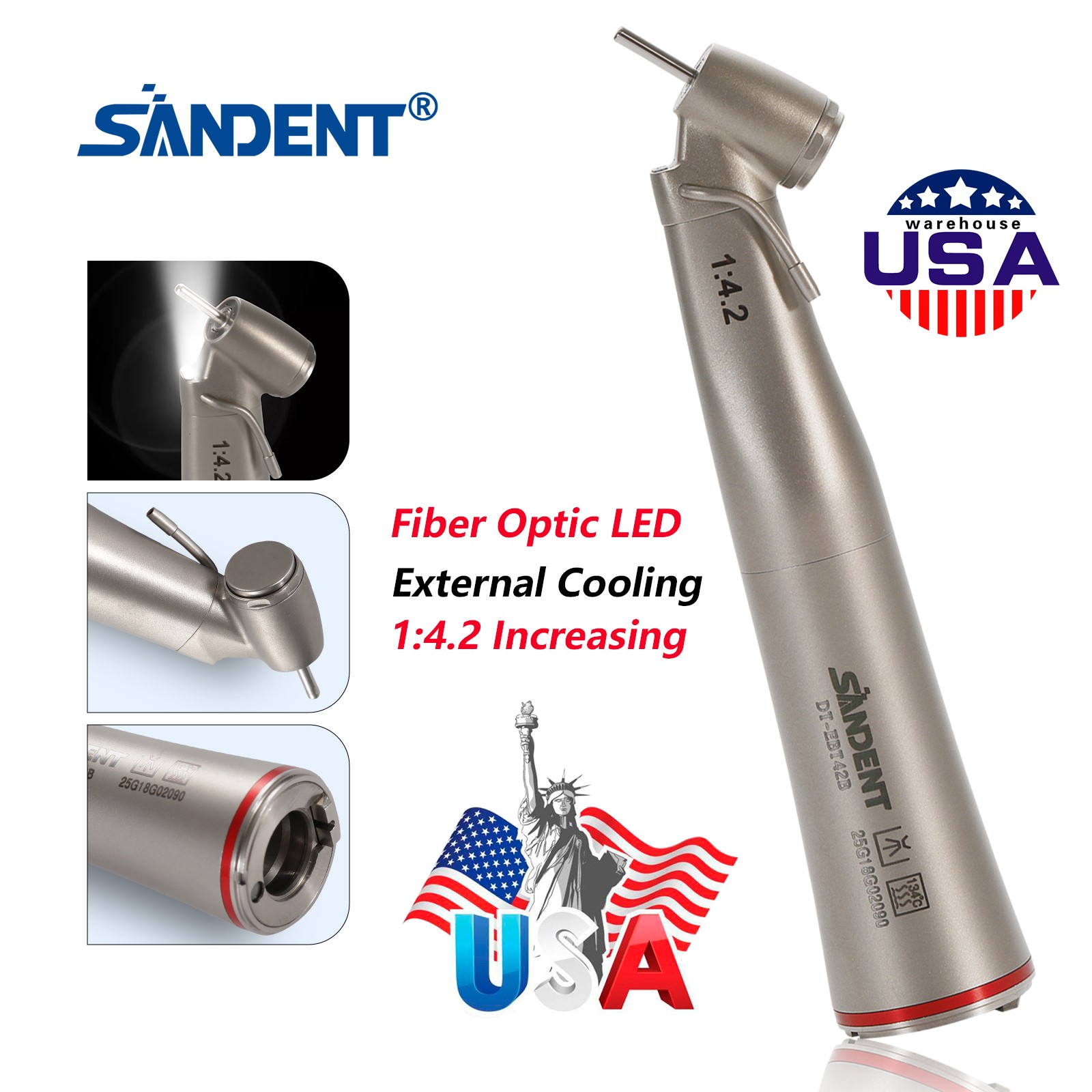 Dental Optic Fiber LED 1:4.2 Increasing Handpiece 45°Angle Head External Channel
