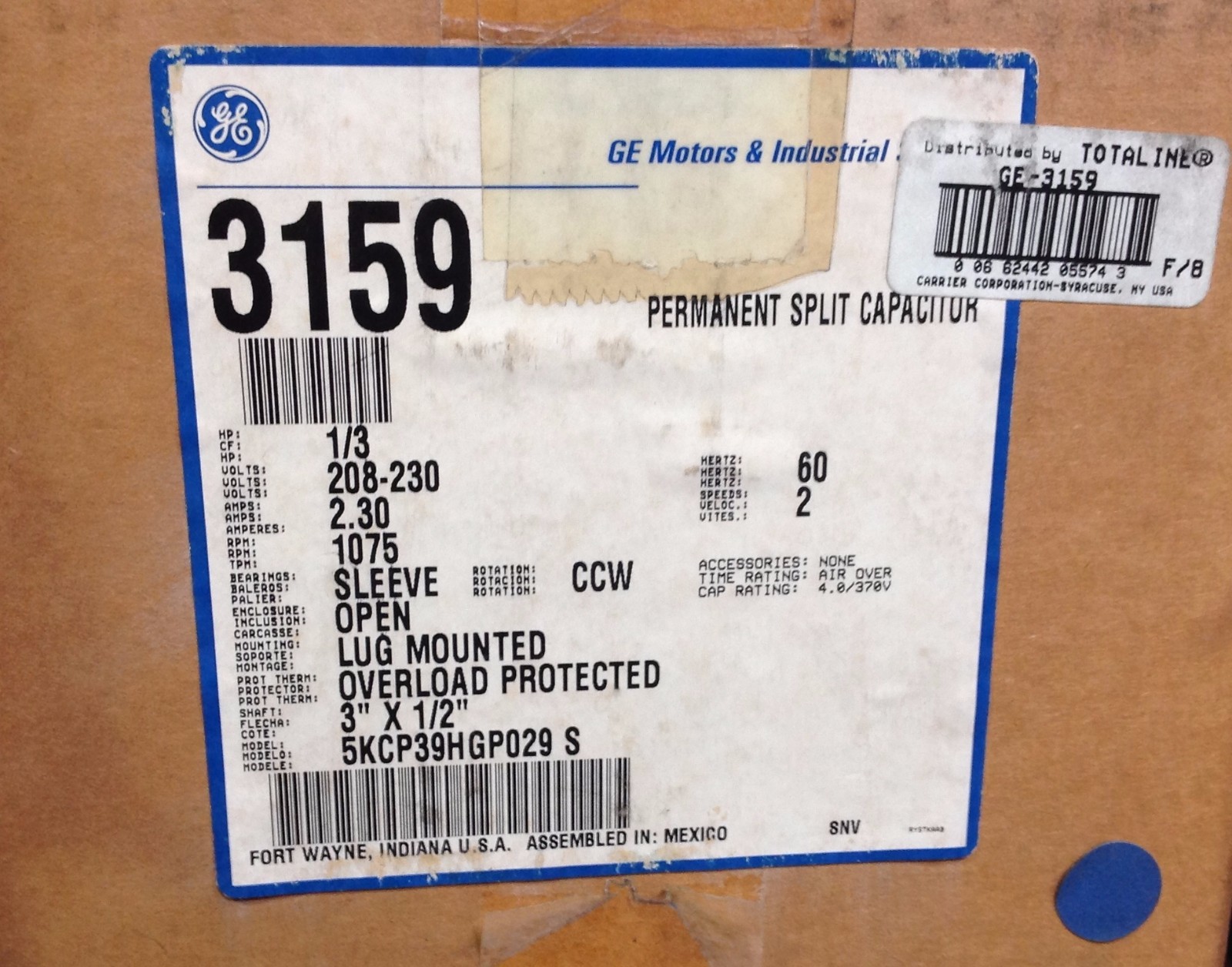 ~DiscountHVAC~MS-03159-GE PSC Motor 1/3HP 230V 2.3A 1075RPM 2SP 3″ X 1/2″