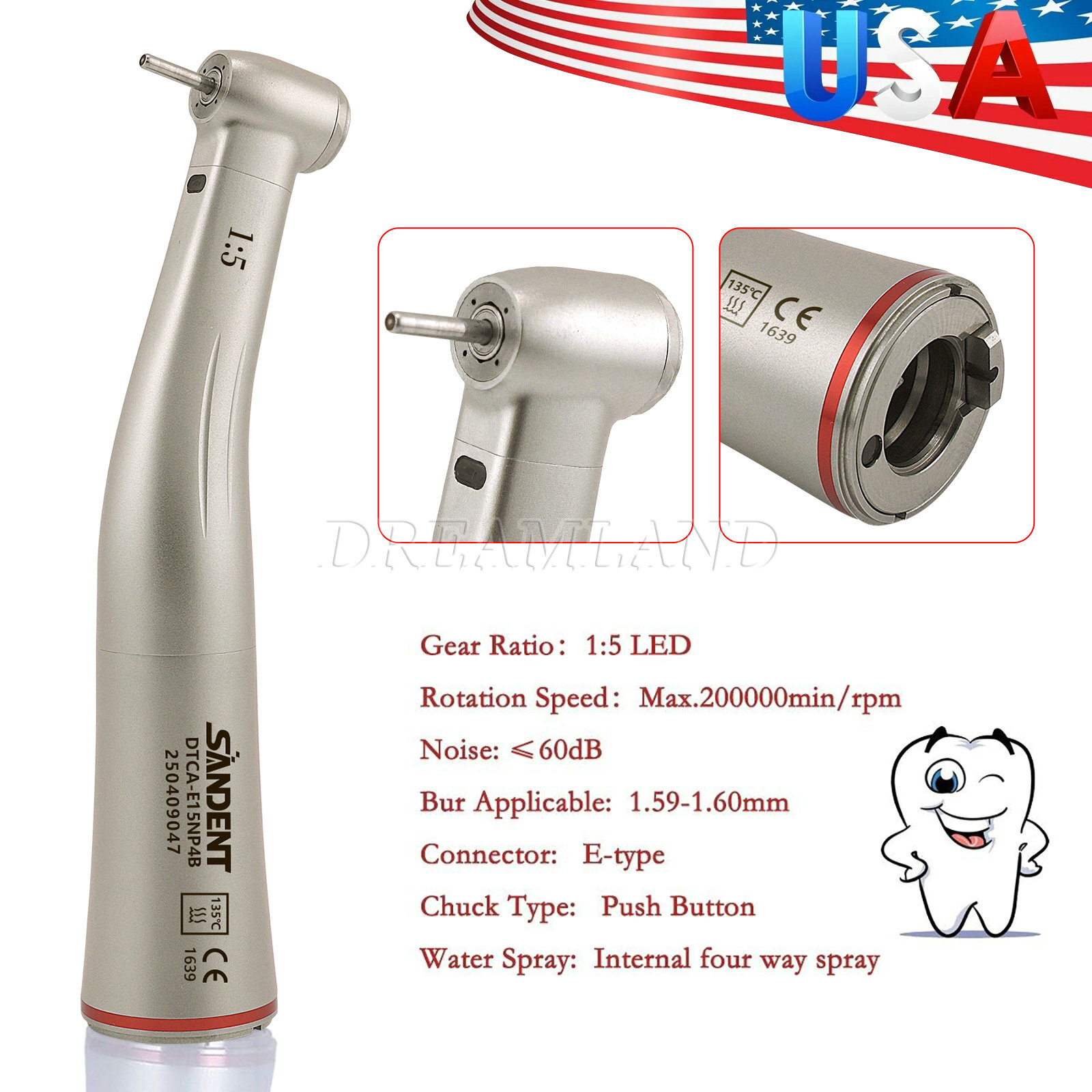 SANDENT Dental Electric Handpiece 1:5 Fiber Optic Contra Angle Standard E Type