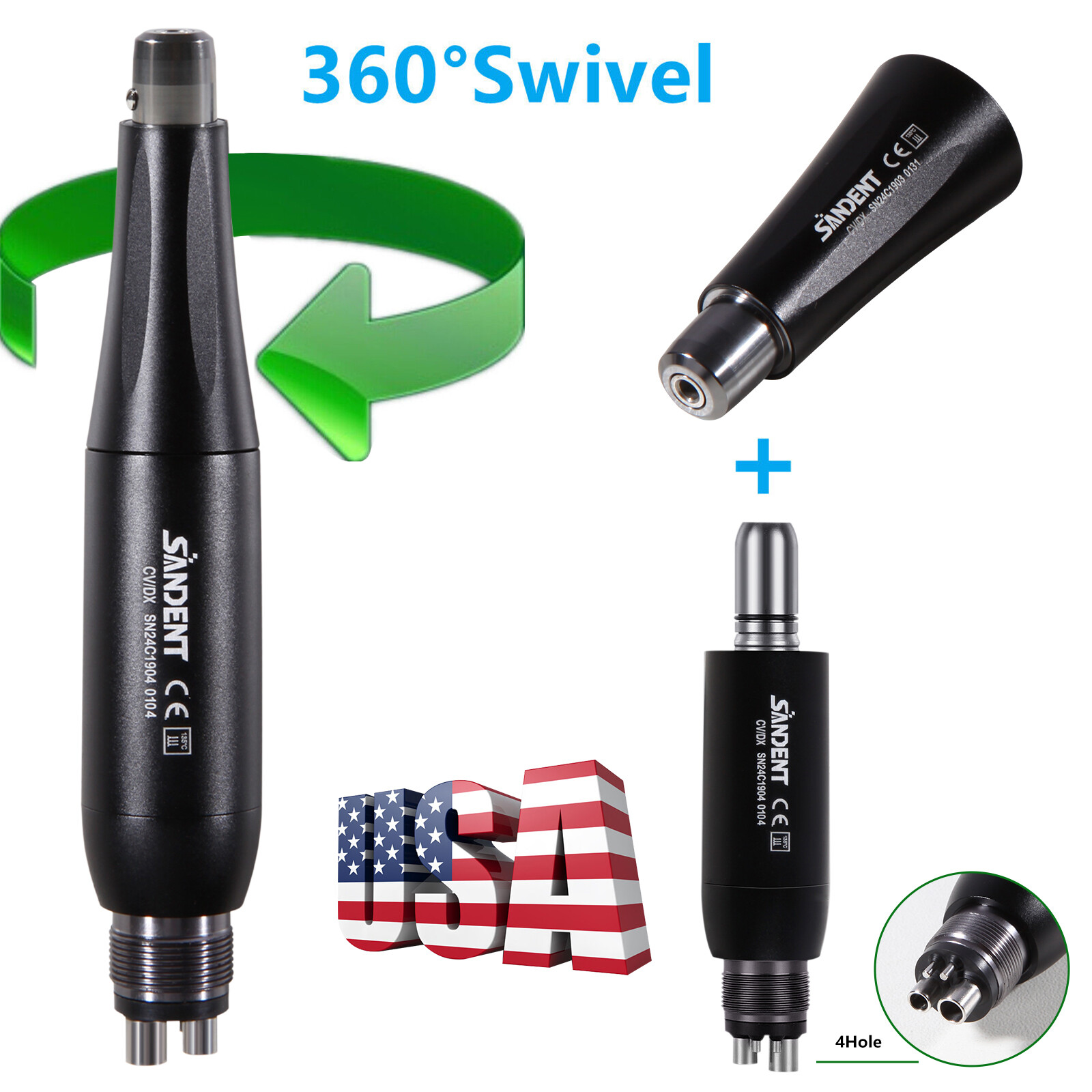 360° Swivel Dental Hygiene Prophy Handpiece Air Motor 4 Holes W/ 4:1 Nose Cone S