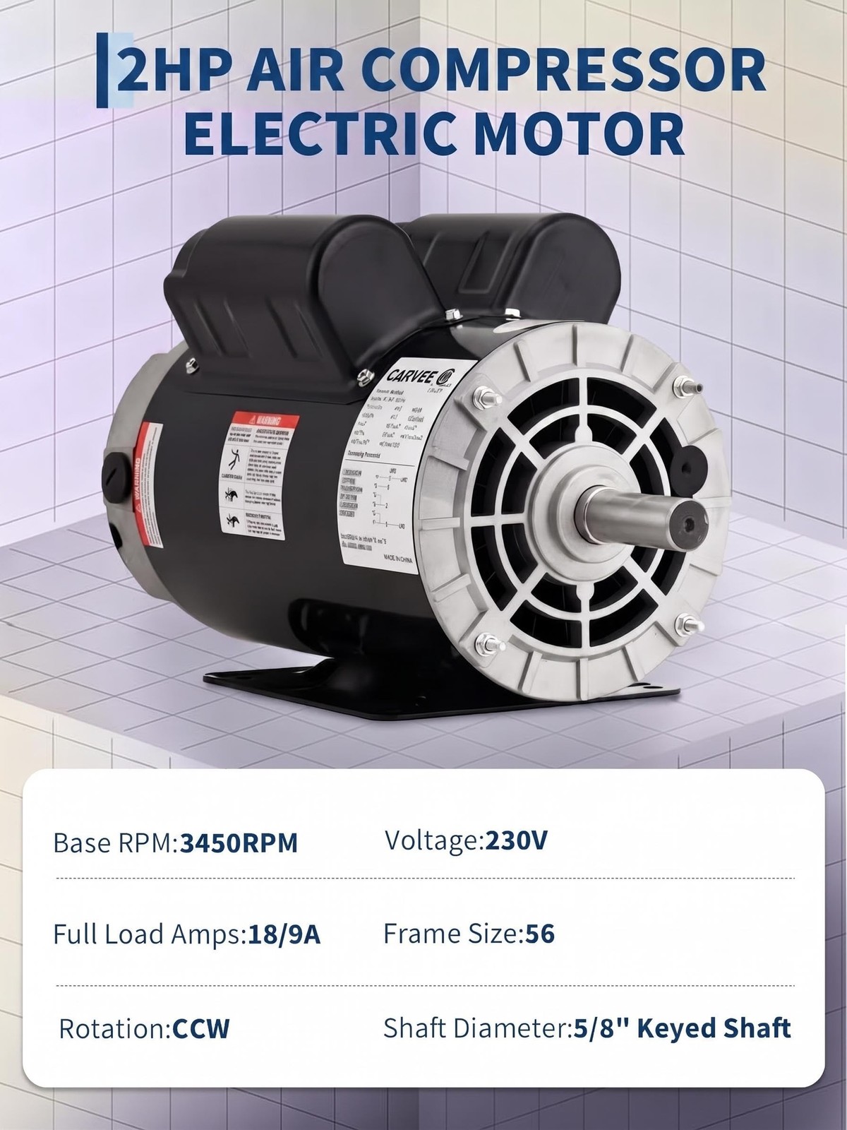 2/3/3.7/5 HP SPL Electric Air Compressor Motor 56 Frame 3450 RPM 7/8″,5/8″ Shaft