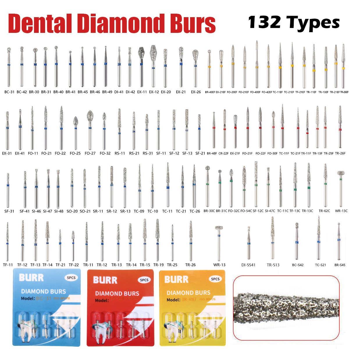 100 Types Dental FG Diamond Burs For High Speed Handpiece Friction Grip