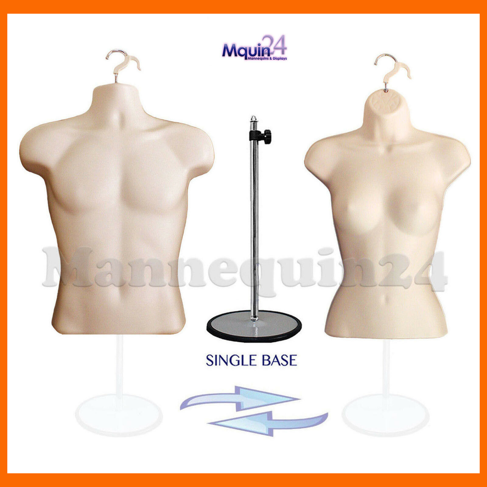 2 pcs FLESH MANNEQUIN TORSO SET w/2 HANGERS + 1 STAND -MALE & FEMALE BODY FORMS