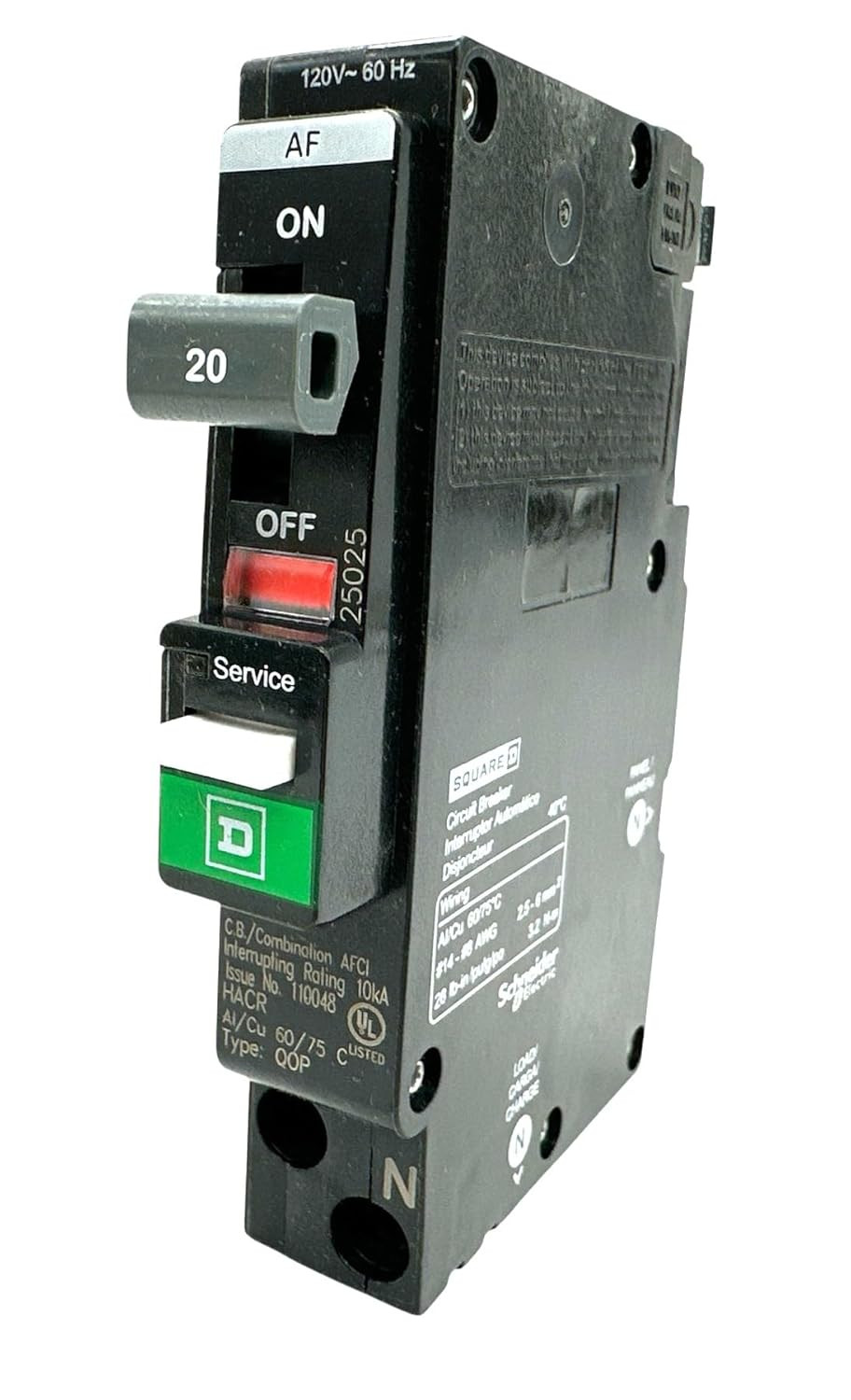 QO120PAF (New Version of QO120PCAFI) Circuit Breaker, QO, 20 AMPS, 1 Pole, 120VA