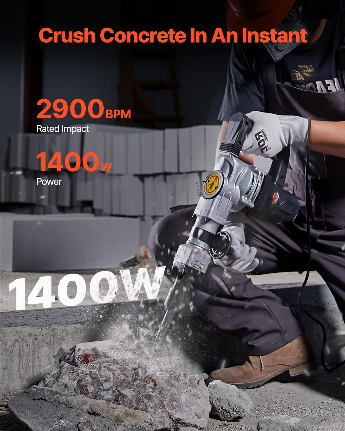 1400W Electric Jackhammer Heavy Duty, 2Pcs Chisels Bits Chipping with Case, 2900