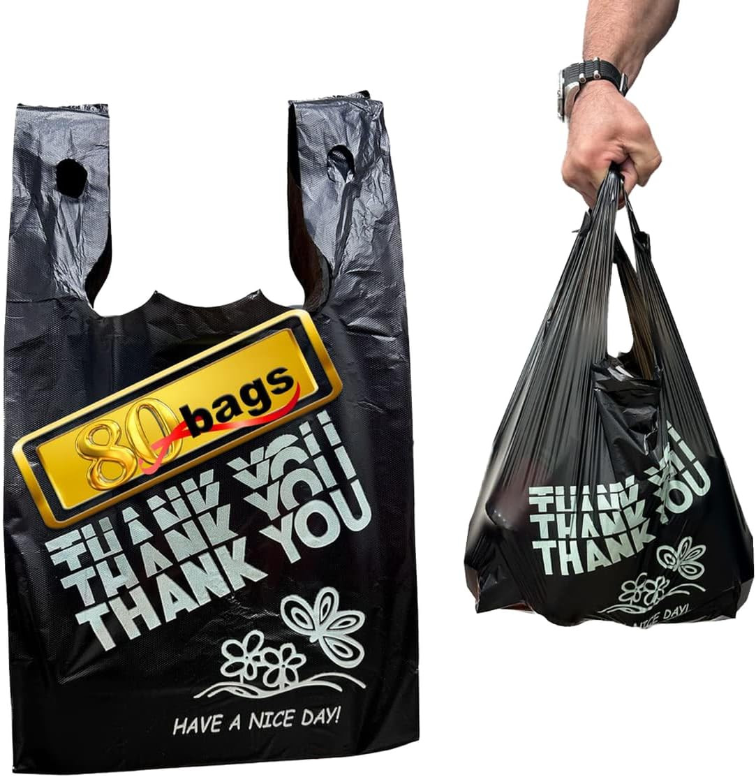 Yoyorain Black Thank You Bags, HEAVY DUTY 22MIC Bags, Black Plastic Bags with Ha