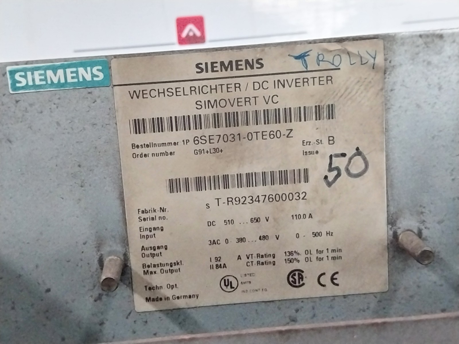 SIEMENS 6SE7031-0TE60-Z Simovert VC DC Inverter DC510-650V 110.0A 6SY7000-0AD74