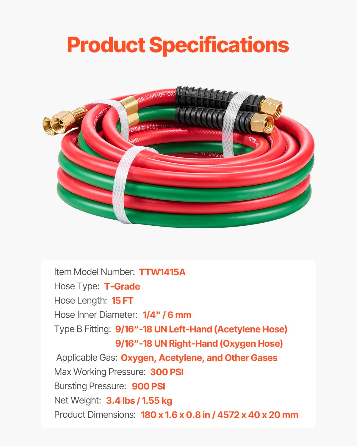 VEVOR Oxygen Acetylene Hose 1/4-Inch x 15FT T Hose 300PSI Max Working Pressure