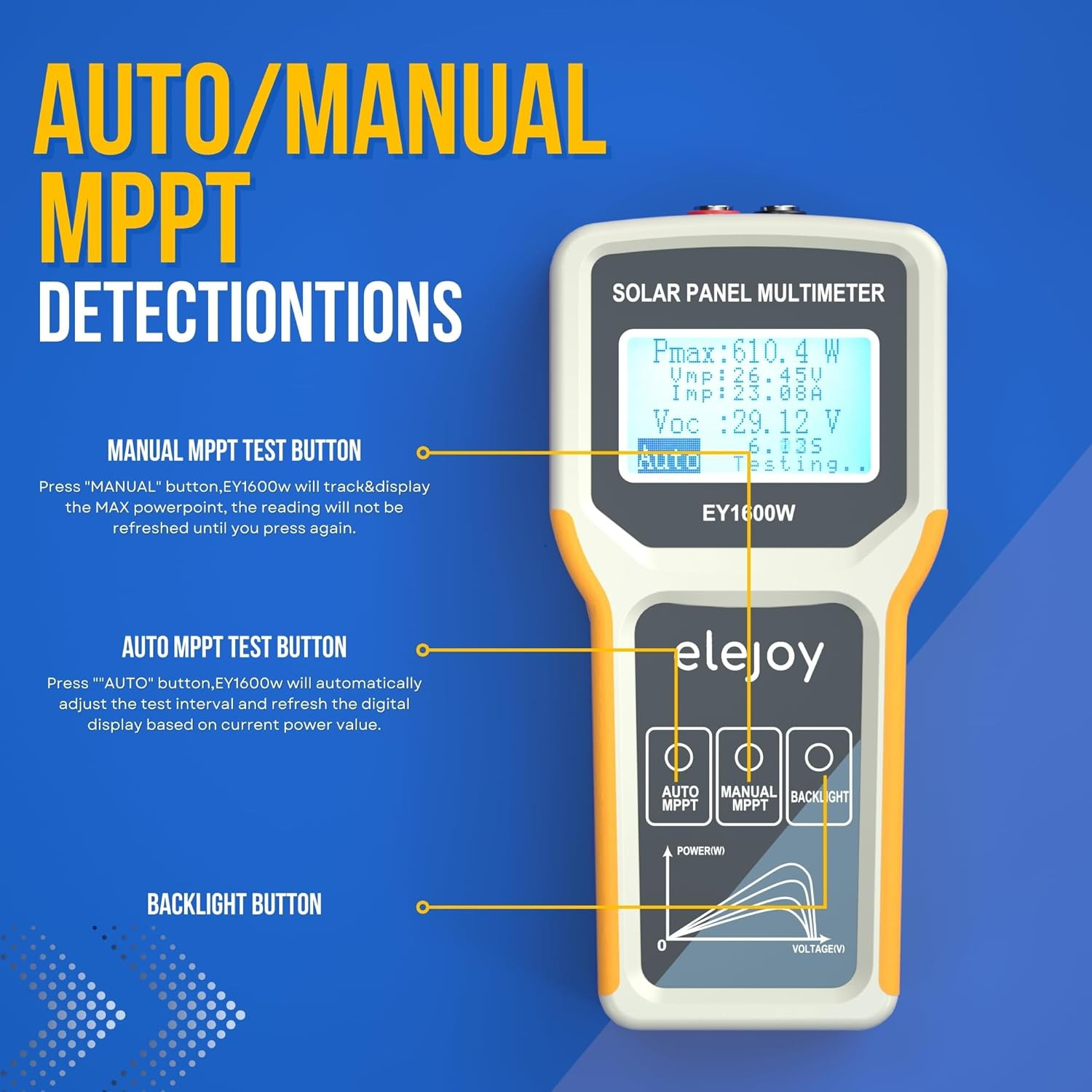 EY1600W Solar Panel Tester & Power Meter with Backlit LCD Display