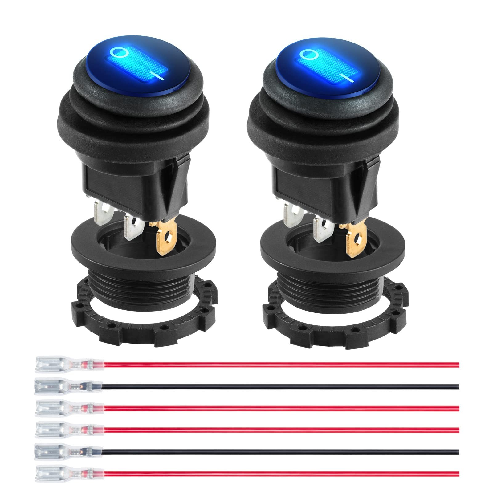 Toggle Switch 12 Volt Waterproof Blue LED Round Rocker 2 PCS SPST 3 Pin 12V/20A