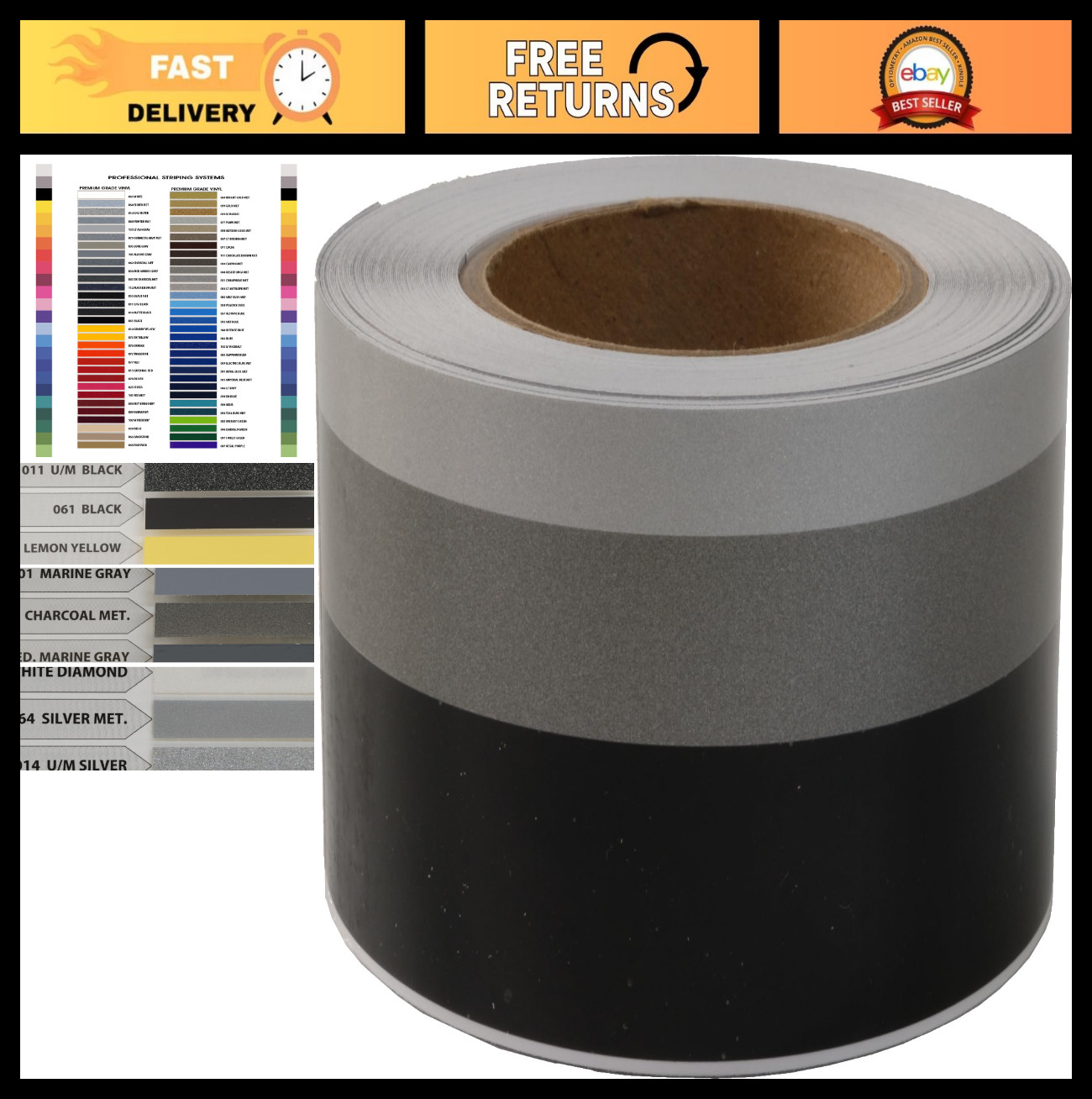 Premium 2″ x 50′ Three Color Stripe Tape – Black, Silver & More – Versatile Deco