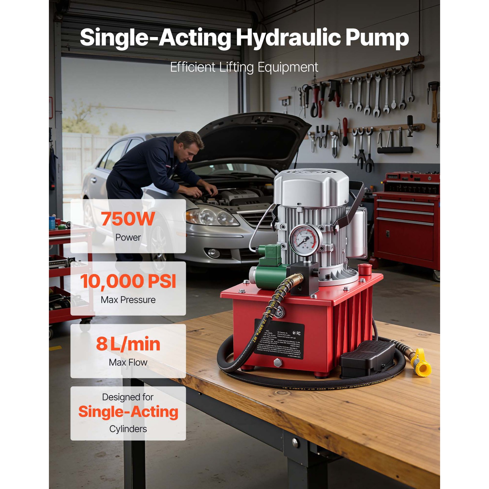 Uimoso Electric Hydraulic Pump 750W 10000 PSI Single Acting with Pedal Control