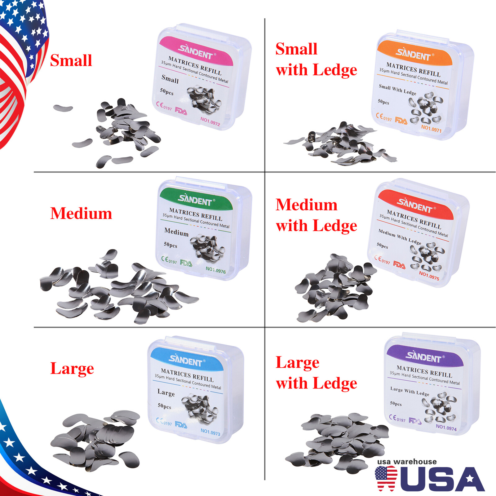 50 Pcs Dental Matrix Sectional Contoured Metal Matrices Bands S/M/L Sizes 35μm