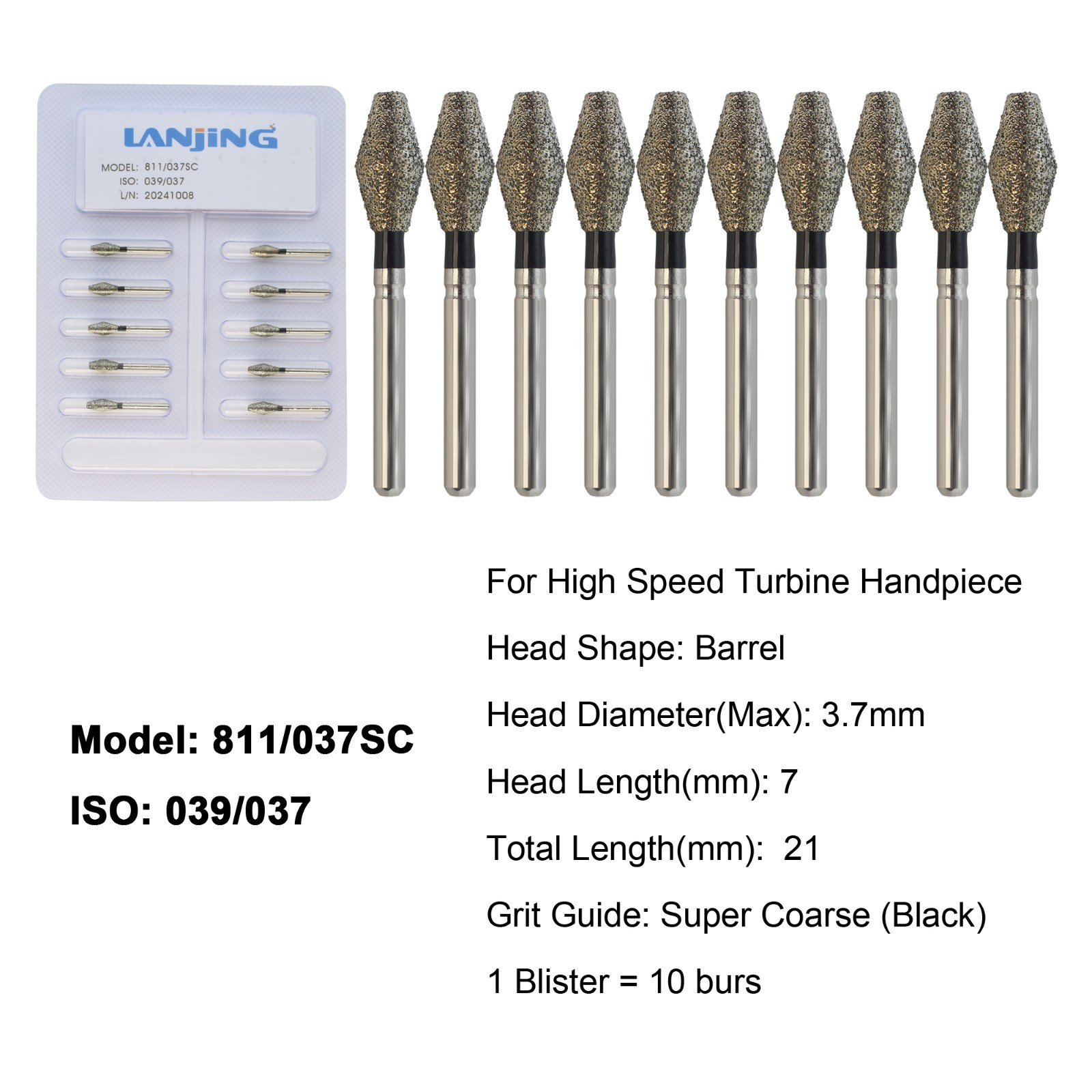 Dental Barrel Diamond Burs Super Coarse FG High Speed 811/037SC Friction Grip